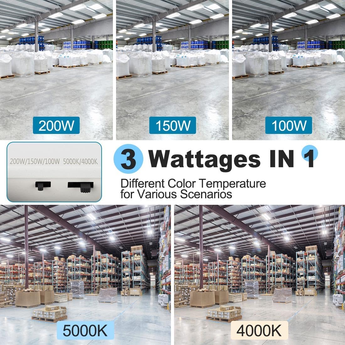 High Bay LED Shop Light 2 Pack 2FT 200W 28000LM, 4000K/5000K Selectable 100-277V, Linear High Bay Lights for Warehouse Workshop Supermarket Stadium, Power Tunable 200W/150W/100W, ETL 2 200.0 Watts
