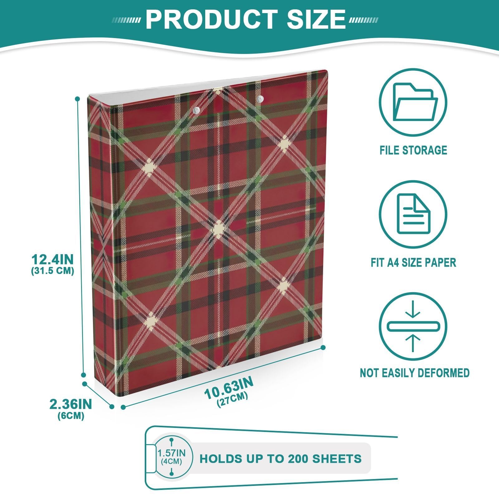 Raccoglitore a 3 anelli, classico tartan scozzese rosso, raccoglitore ad anelli a D con tasche, confezione da 2