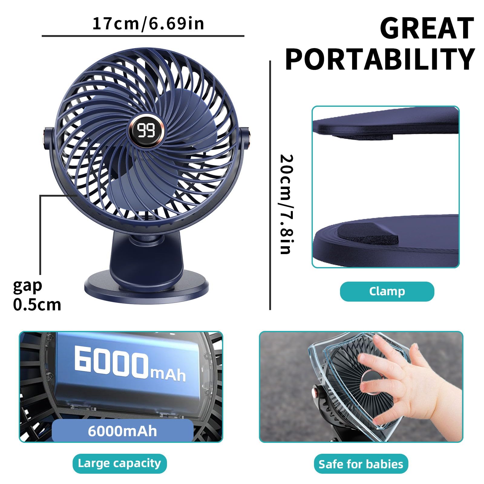 Ventilatore da Tavolo, Mini Ventilatore USB con Display LCD, 5 Velocità 720° Rotante, 6000mAh Piccolo Ventilatore Portatile Ricaricabile, Ventilatore Clip per Ufficio Casa Campeggio Viaggio(Blu)