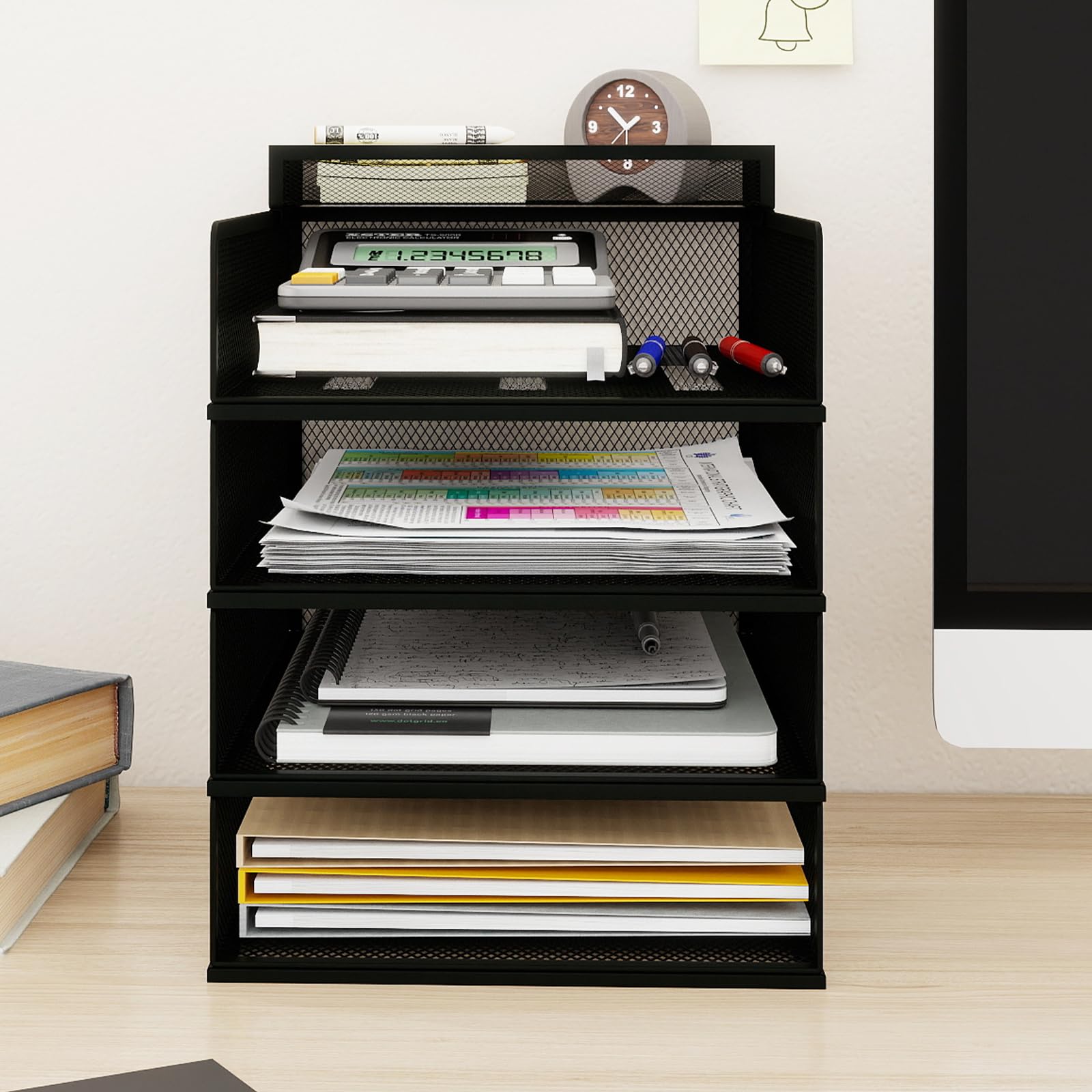 PUNCIA Porta Documenti da Scrivania in Metallo a 4 Livelli Organizer | Documenti Vassoio Porta Documenti Accessori Ufficio Vassoio per Lettere A4 Tavolo per Ufficio Domestico e Scola (Nero)