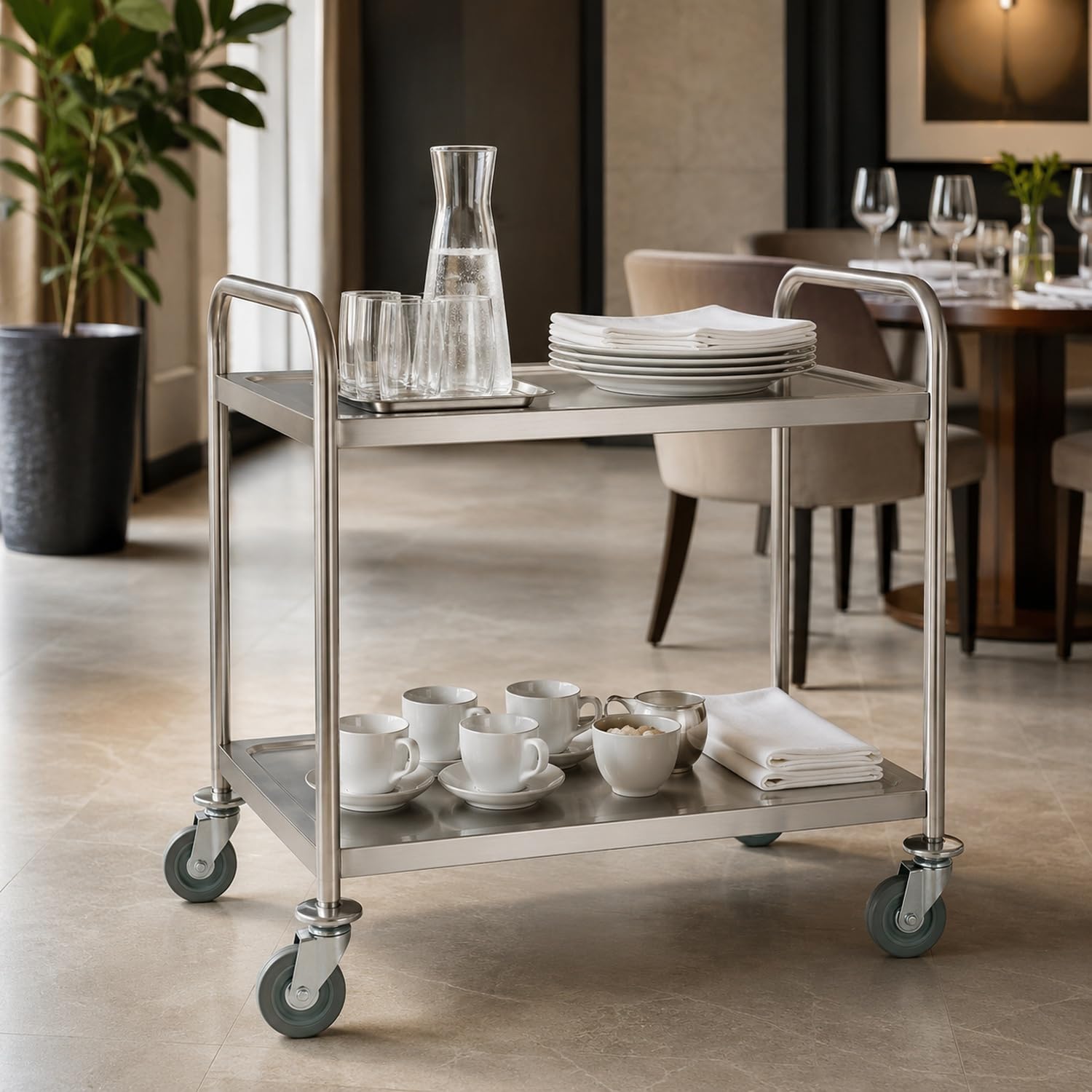 APS/Carrello per servire Circa 91 x 59 cm, Altezza 93 cm in Acciaio Inox Satinato, 2 Borde Bord Dimensioni: ca. 83 x 51 cm Misura tra Borden: 56 cm