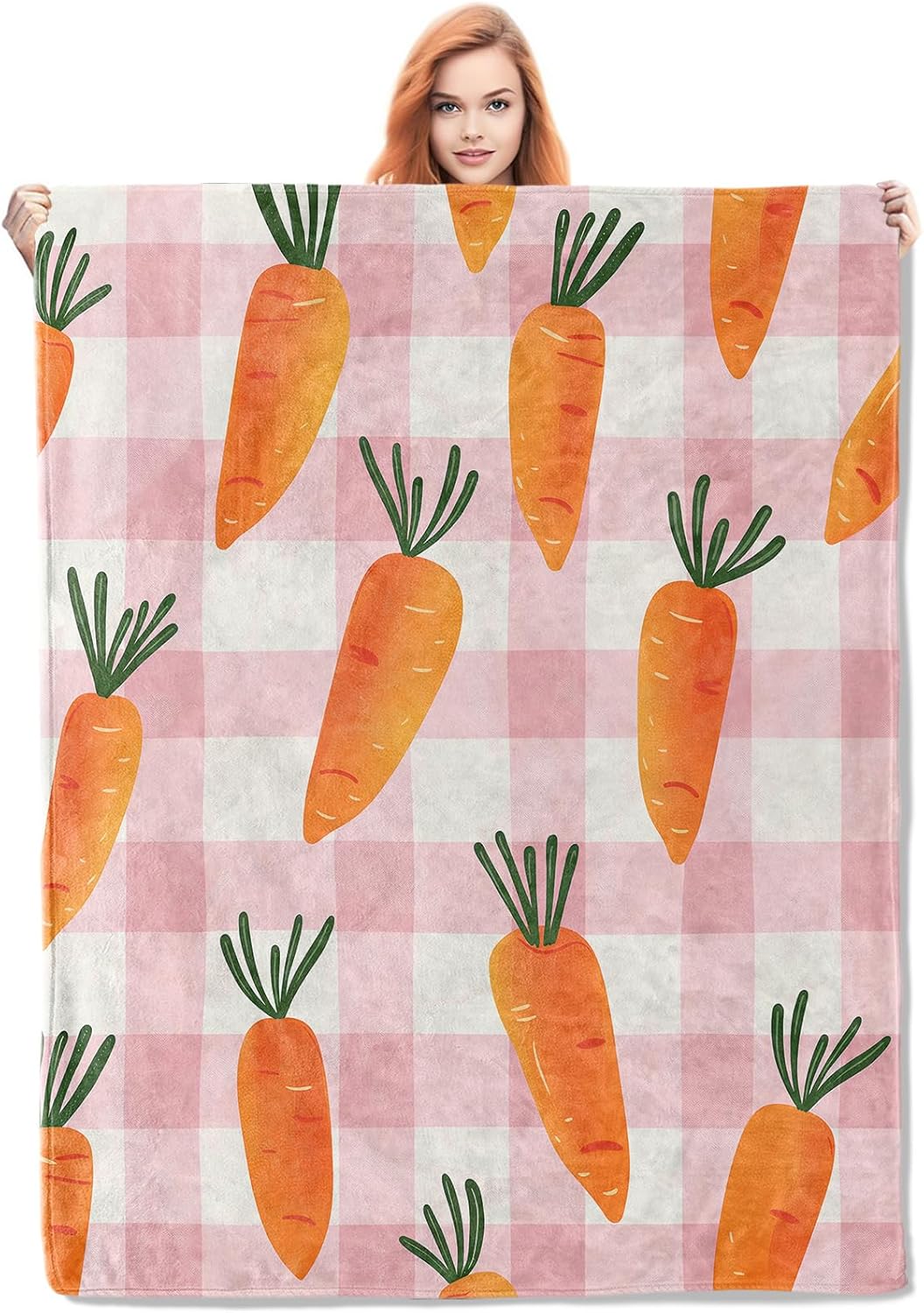 Carrot Fleece Blanket Gifts for Kids and Adults, Fun Vegetable Cozy Throw Blanket, Soft Warm Plush Carrot Blanket with Checkered Pattern for Home Decor, 50x60 inches
