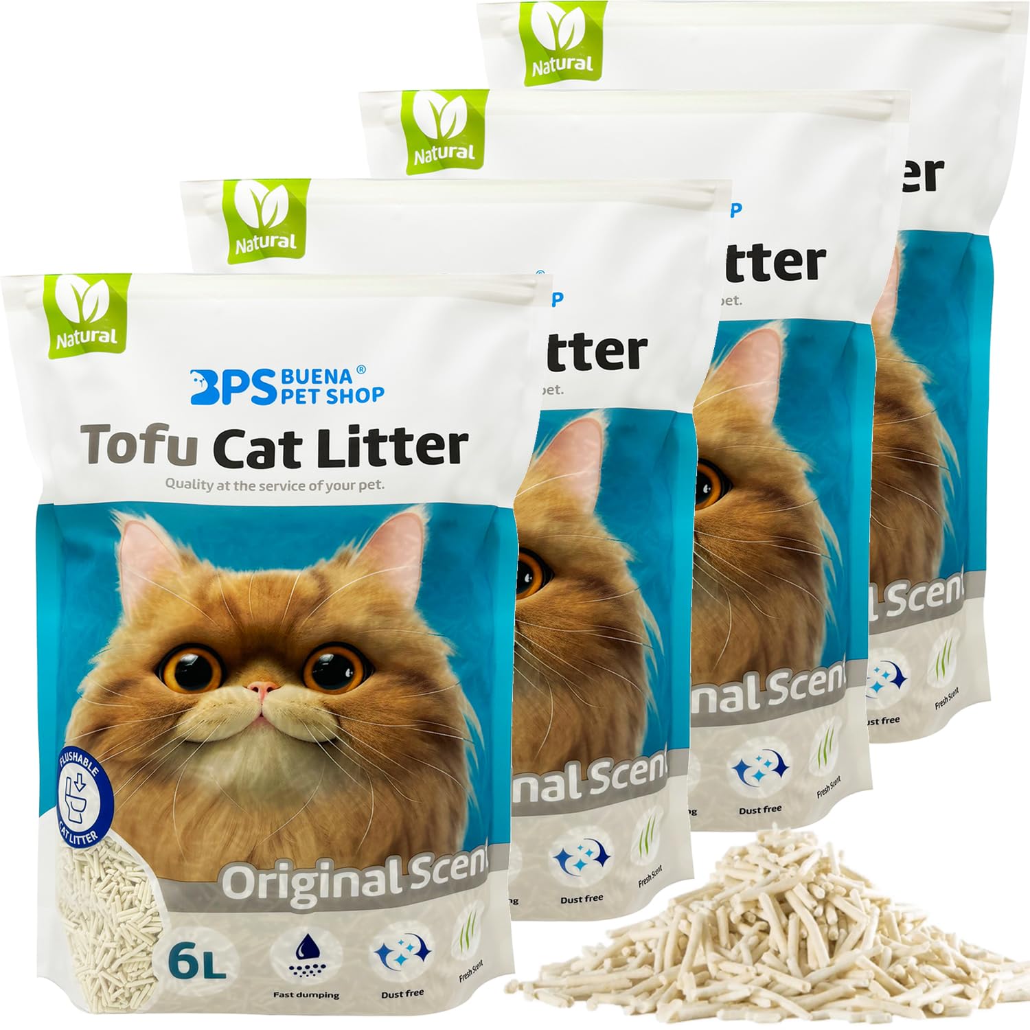 BPS Arena Aglomerante para Gatos Arena de Tofu para Gatos sin Polvo Fácil de Aglomerar Controla los Olores se Lanza en el Inodoro (4Pcs, Original) BPS-15454 * 4