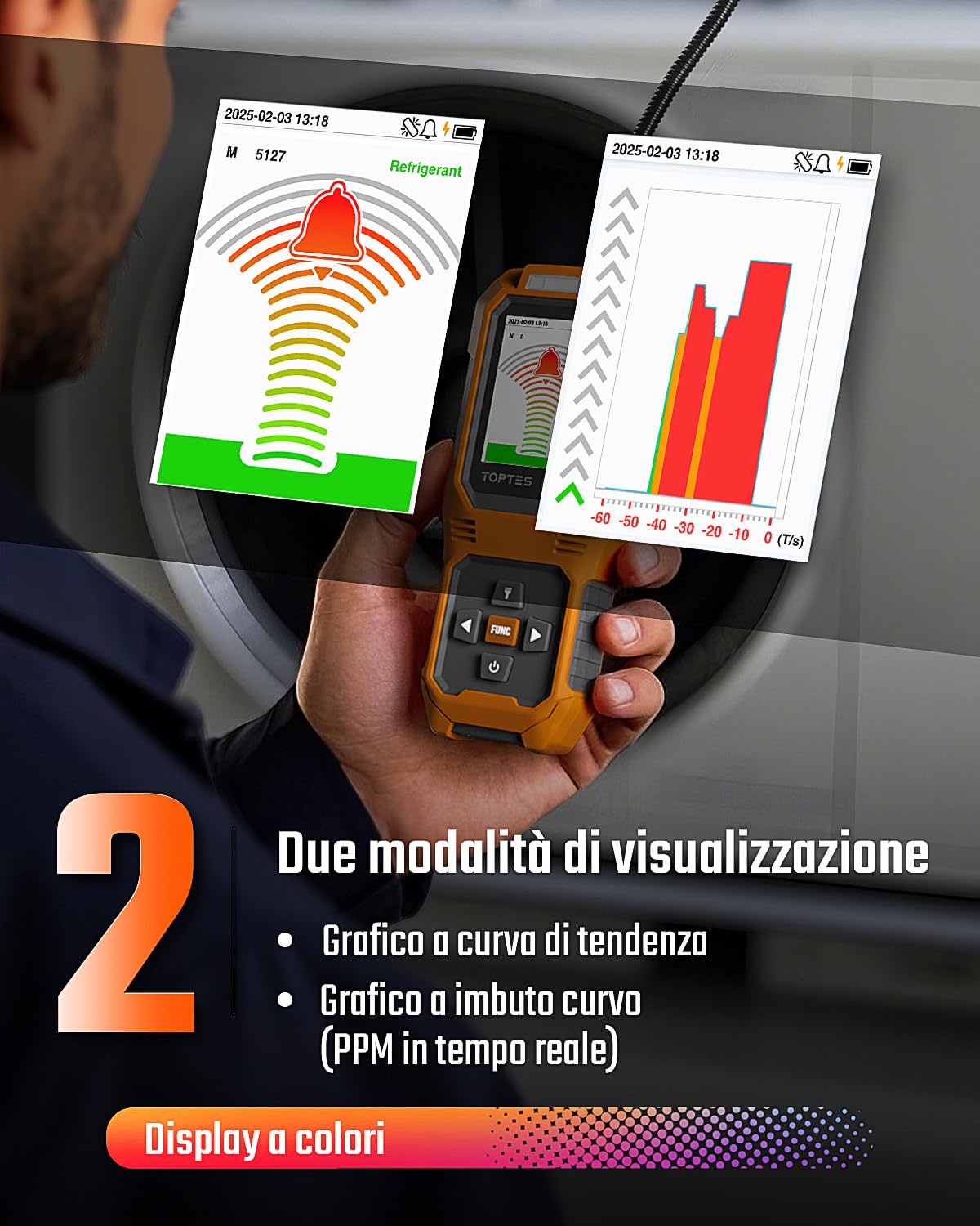 TOPTES RT-389 Rilevatore di Perdite di Refrigerante Ricaricabile, Rilevatore di Perdite di Freon con 3 Sensibilità e 3 Tipi di Allarme, per CFC, HCFC, HFC, HFO, HC per Auto Casa Industria – Arancione