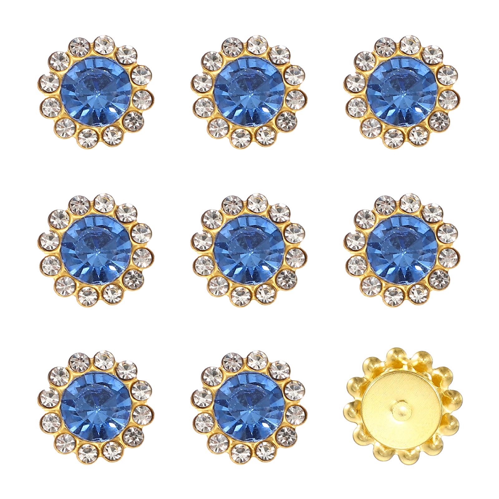 YELARXI 150Pcs 12mm Sew on Flower Rhinestones Crystal Glass Gems, Flatback Claw with Metal Base Crystals for Sewing Clothes Shoes Jewelry Belt Accessories, Light Blue