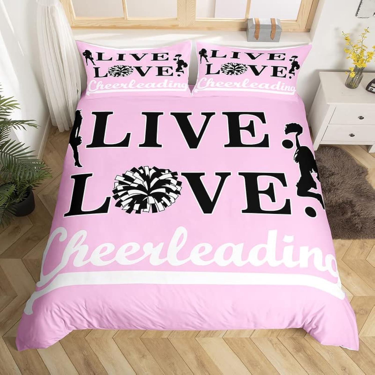 Homemissing Girls Multicolored 13225 Cheer Bedding Set Single Cheerleading Comforter Cover Set For Kids Teens Adults Cheerleader Duvet Cover Pink Cheer Sports Bedspread Cover 2Pcs With 1 Pillow Case