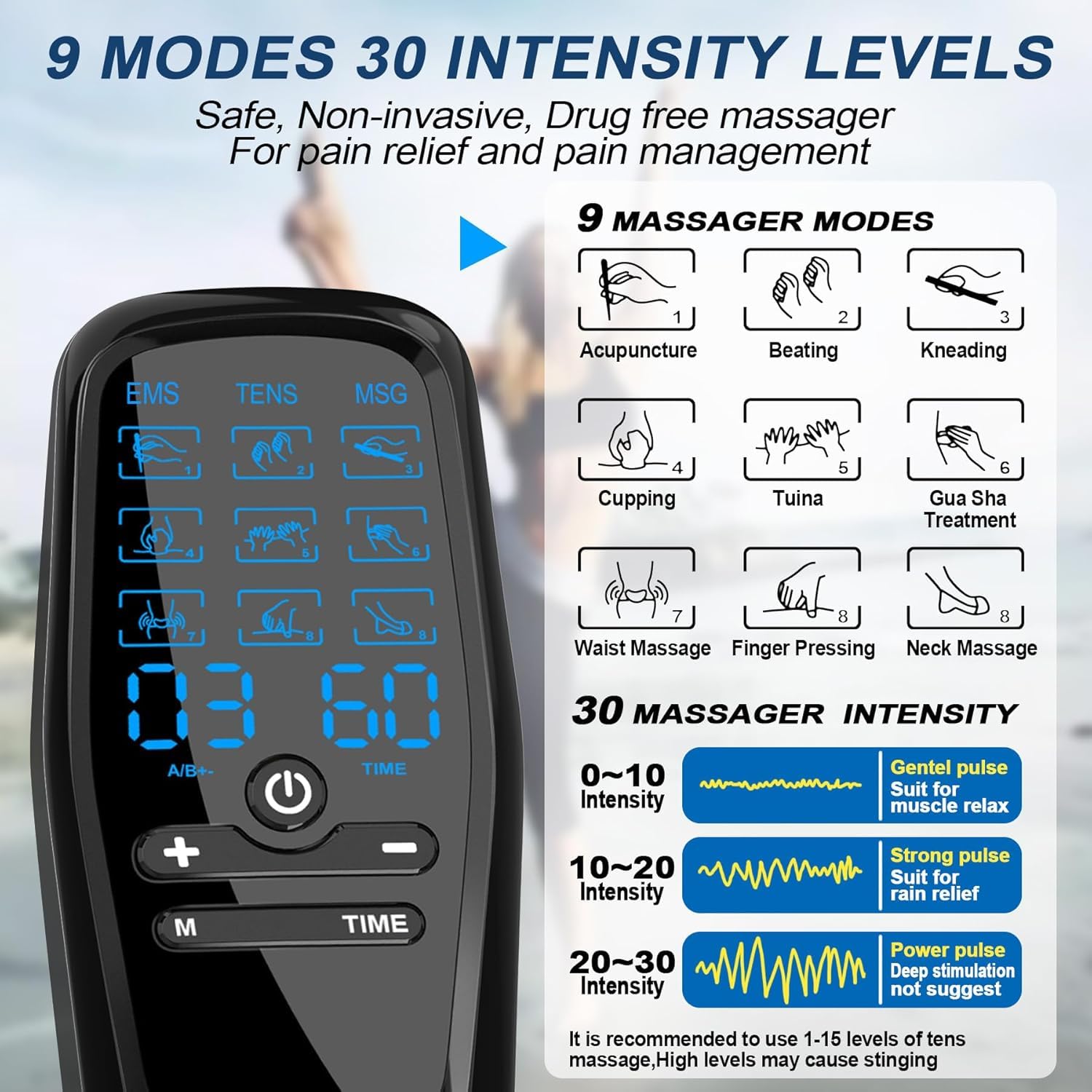 3 EN 1 TENS EMS Électrostimulateur Musculaire pour le soulagement de la douleur, la stimulation musculaire, avec 30 Intensités et 27 Modes, 2 Canaux Indépendant & 8 électrodes