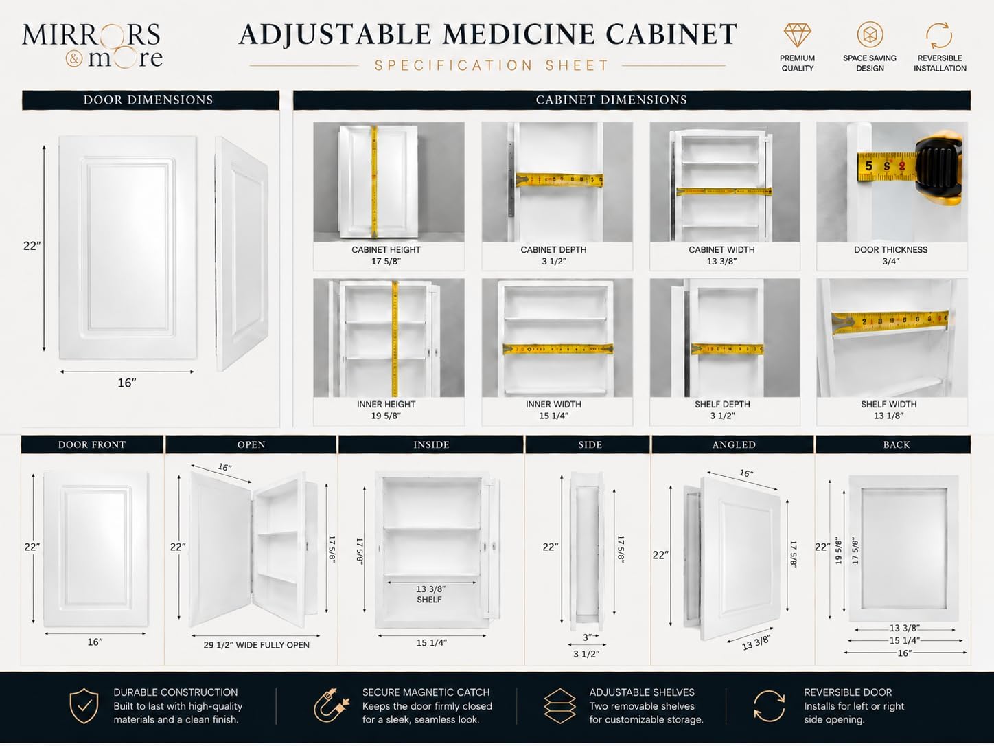 16” x 22” White Recessed Medicine Cabinet | Bathroom Storage Cabinet with Adjustable Shelves, Rust-Proof Design with Wooden Door | Modern Beveled Edge Wall Mounted Medicine Cabinets
