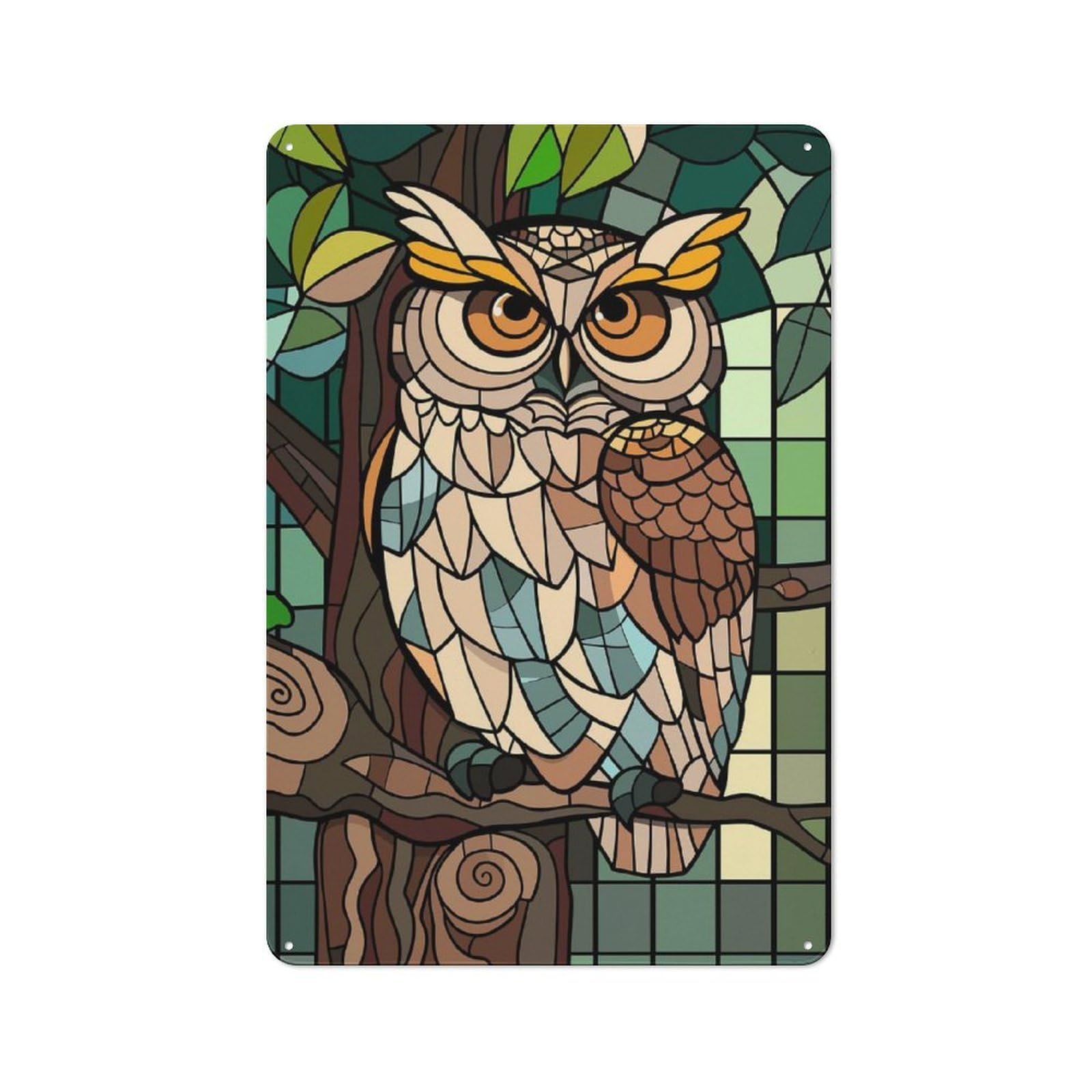 Junmoney Style-20 Metal Gift Sign With Stained Glass Owl On A Branch Design 30X20cm, Character Room Wall Plaque For Flat, Dorm Room, Lounge Or Cafe