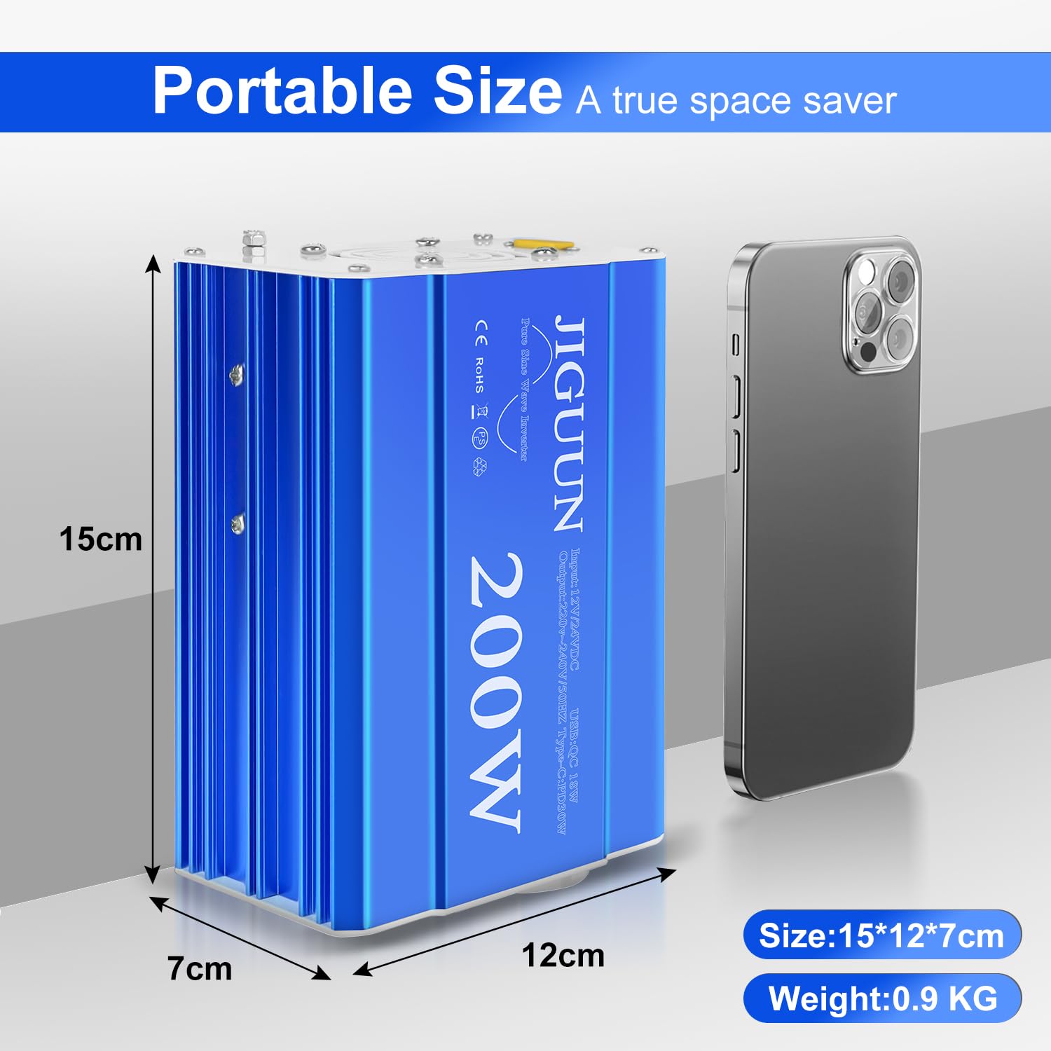 JIGUUN 200W Inversor 12V/24V 220V Onda Pura Convertidor Inverter Potencia máxima 400W con 1 Enchufe EU 2 Puertos USB 2 Puertos Tipo C 30W para Coche, Camping, Viajes y emergencias