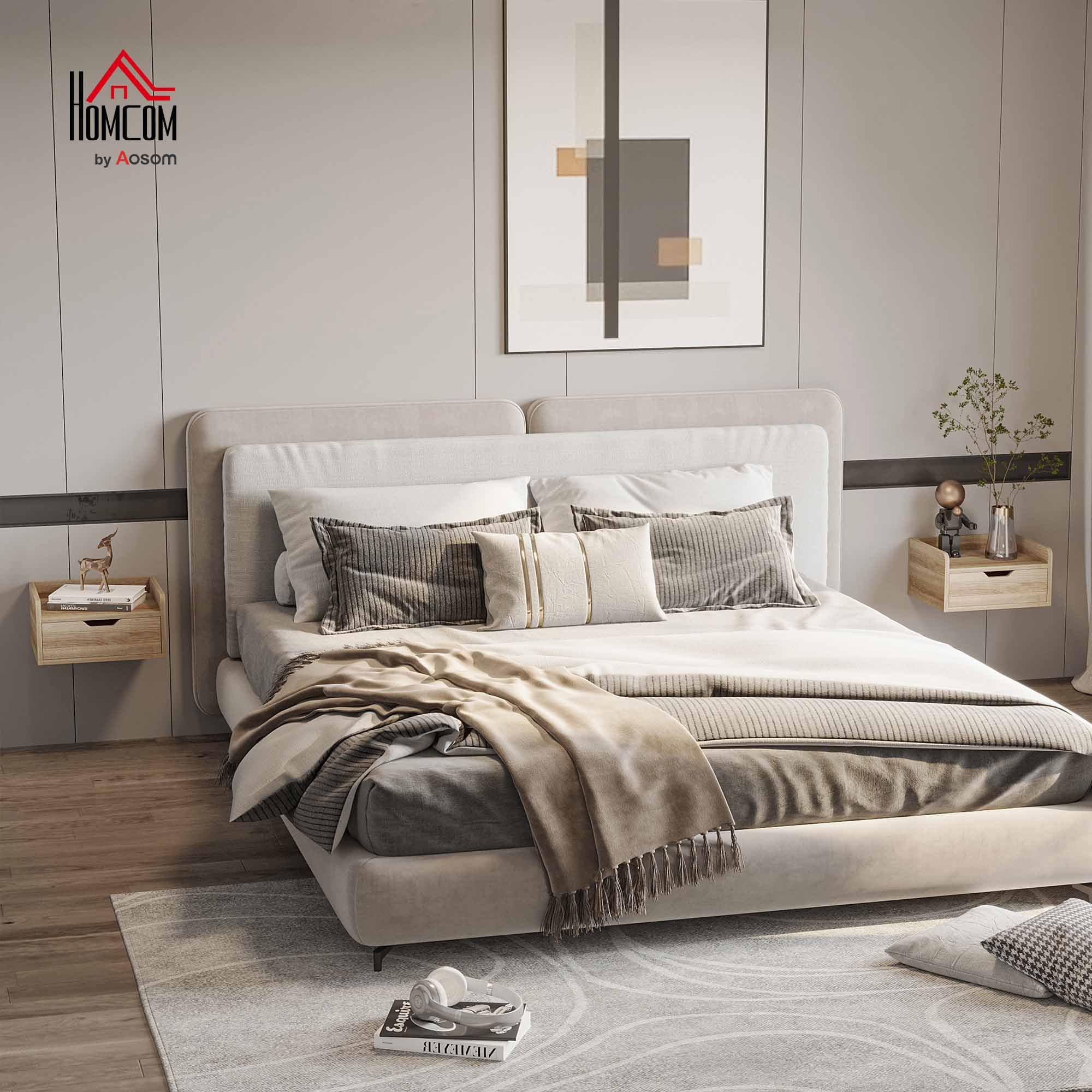 HOMCOM Set de 2 Mesitas de Noche Flotantes con Cajón Madera Natural