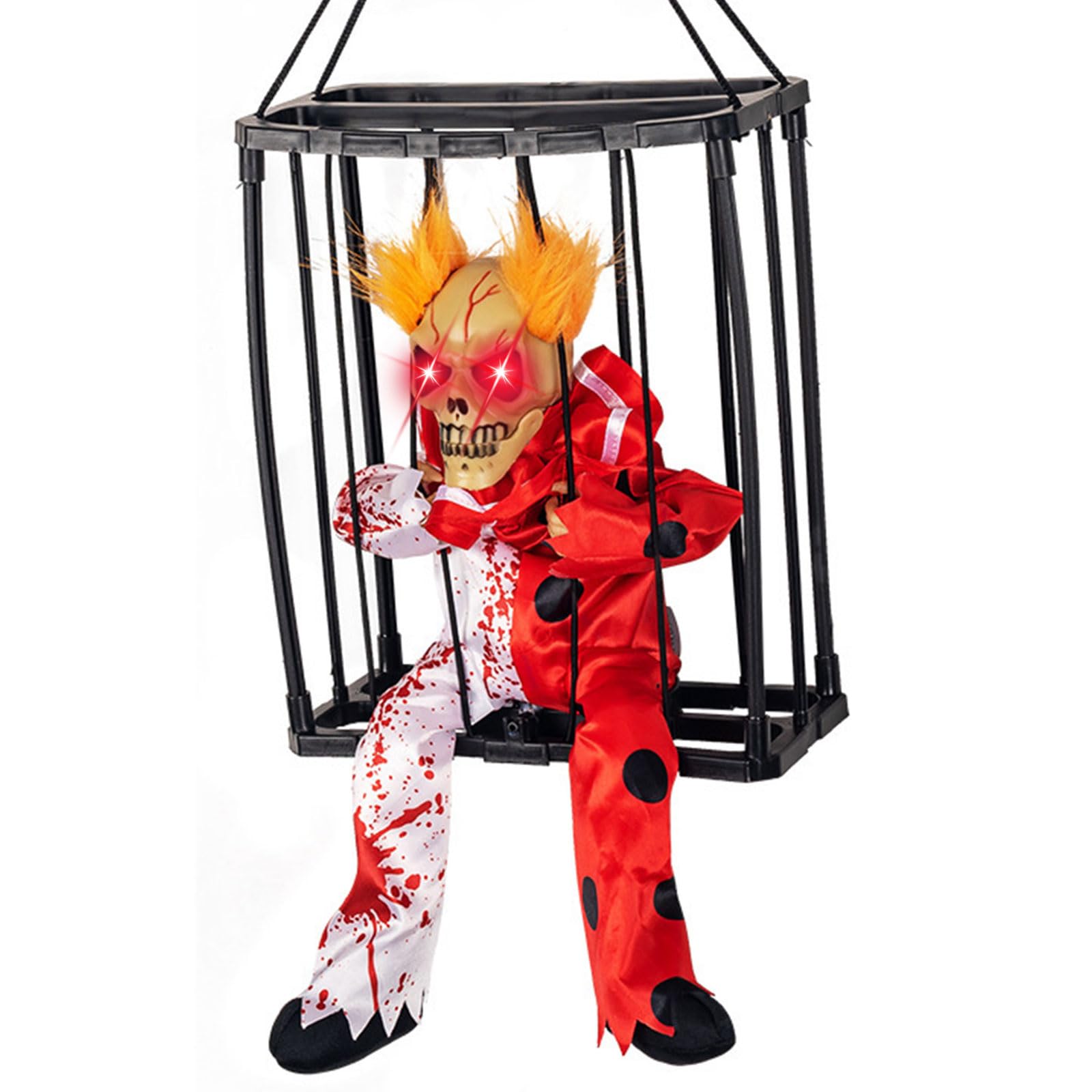 GGXDH Screaming Skeleton Prisoner Halloween Decorations with Motion Sensor, LED Light Up Eyes & Spooky Sound, Halloween Animatronics Hanging Ghost Cage for Indoor Outdoor Haunted House Decor
