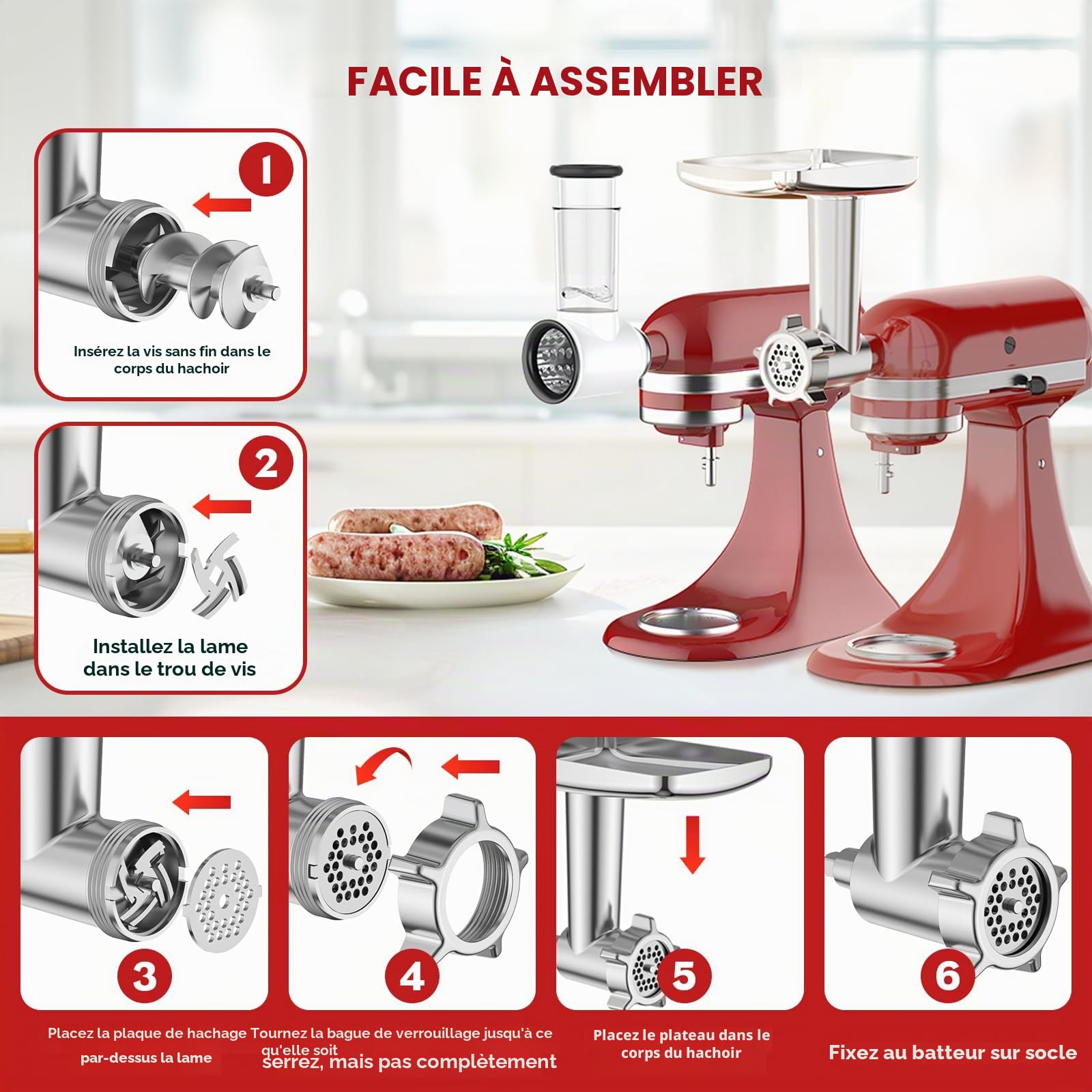 COFUN Accessoires de Hachoir à Viande et Coupe-légumes pour KitchenAid Robot Pâtissier, Comprend un Accessoire pour Kitchen Aid Hachoir à Viande et un Ensemble de Coupe-légume