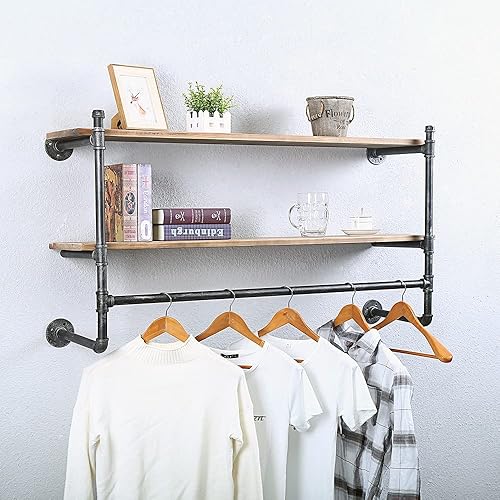 Miniatura 3 de Estante industrial para ropa de tubería montado en la pared con estante de madera real, estante flotante de pared, estante de exhibición rústico al