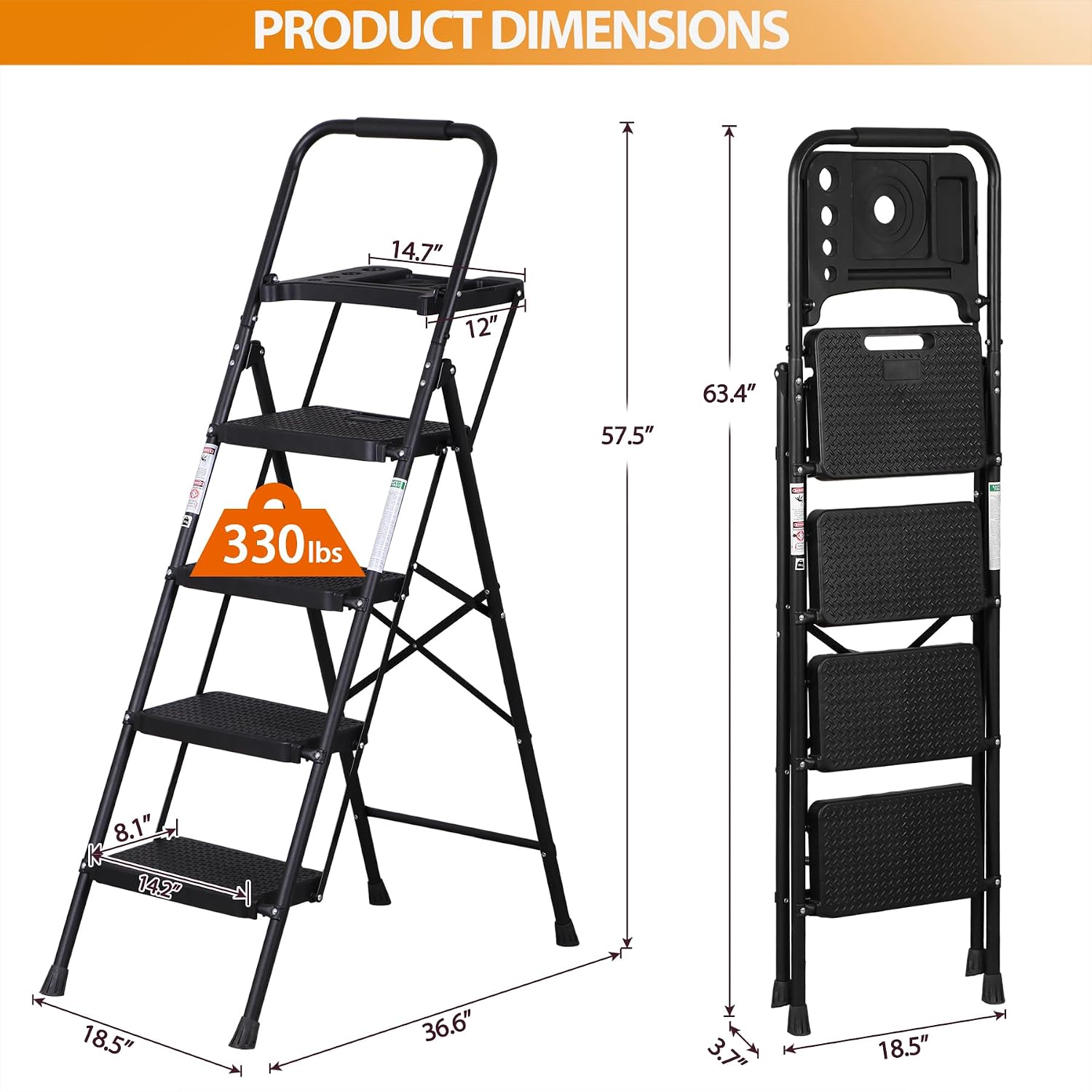 4 Step Ladder with Tool Tray, Folding Step Stool with Wide Anti-Slip Pedal and Handgrip, Heavy Duty Steel Step Ladder for Home Kitchen Office Shop, 330 lbs Load Capacity, Black
