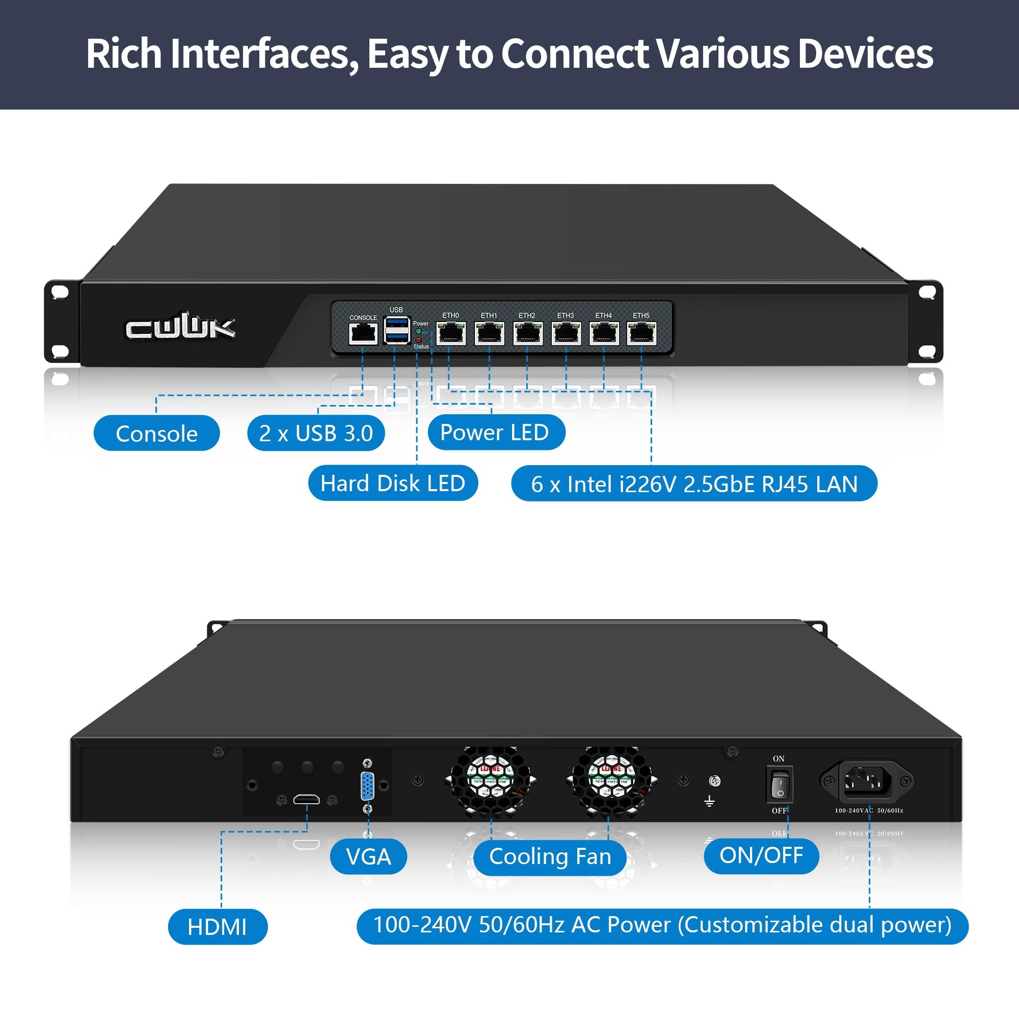 CWWK 1U N100 Firewall Appliance Rackmount, 19” Rack Firewall Hardware with 6 Port i226-V 2.5GbE LAN, U1 OPNsense Homelab Server DDR5 8GB RAM 128GB SSD, HD + VGA 2-Display, AES-NI