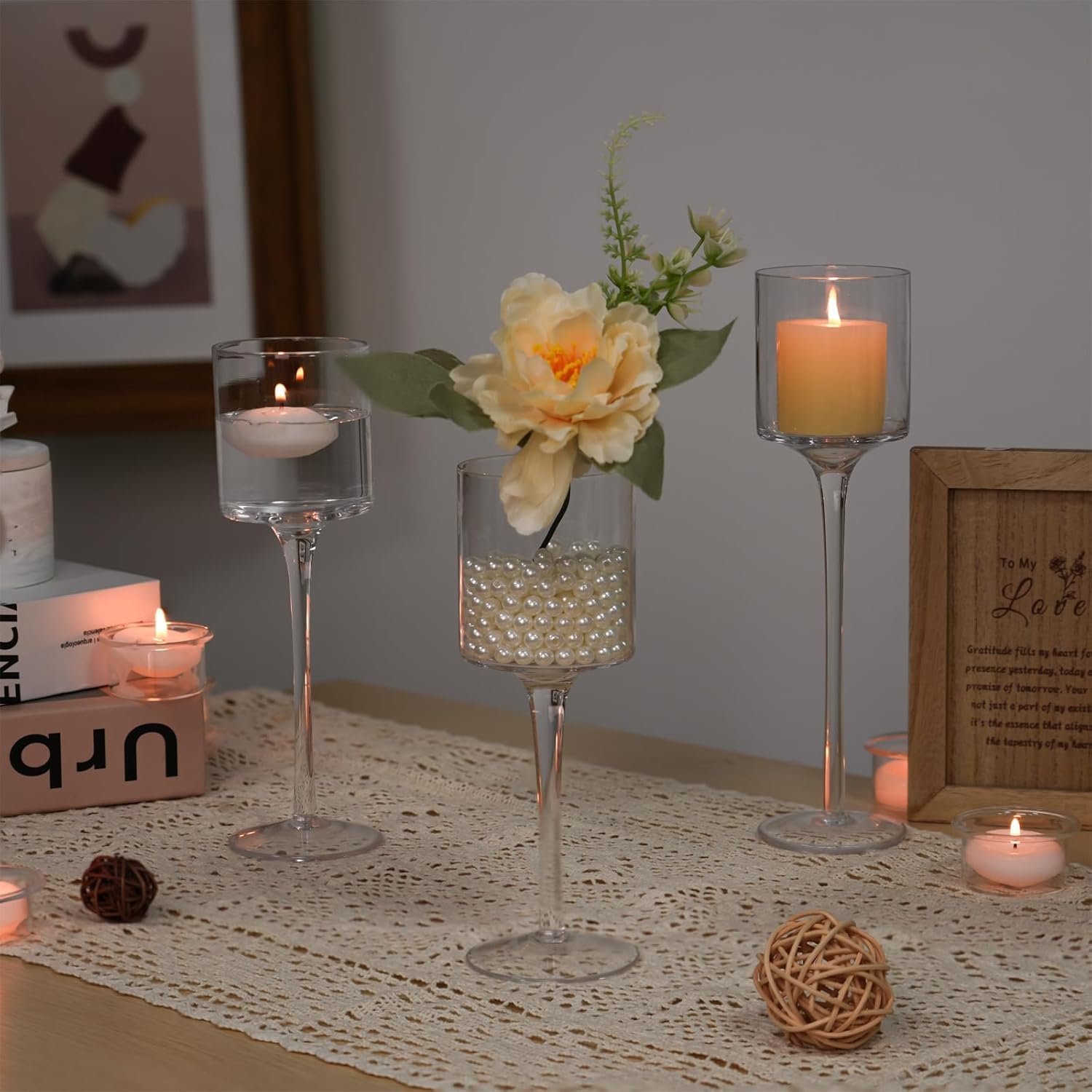 Glass Candle Holders - Set of 3 for Table Centerpiece -5