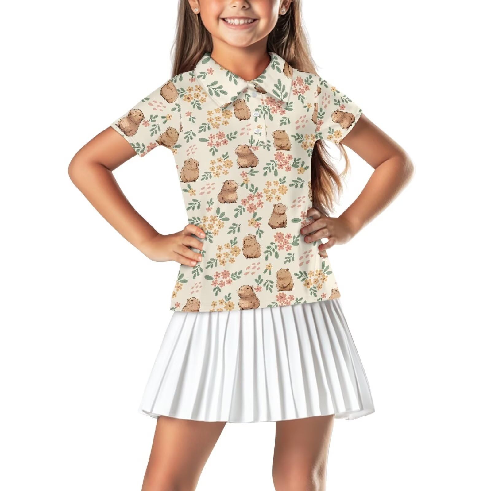 Jekioweii Capybara Floral Print Girls' Golf Shirts Button Up Tennis Shirts Collared Workout Athletic Top Golf Tennis T-Shirts Summer Golf Outfits