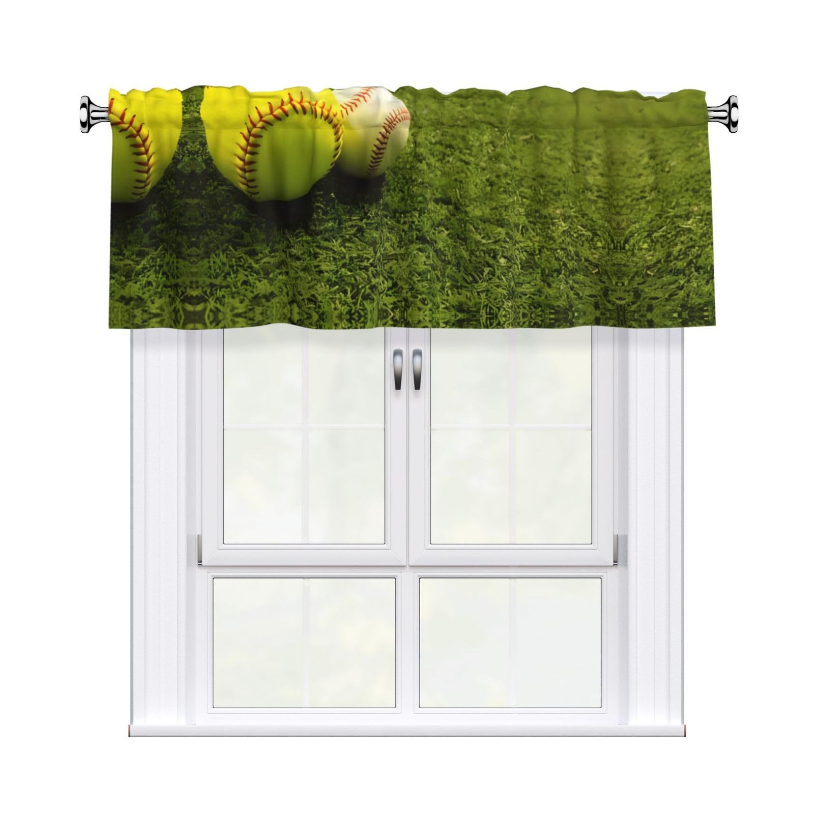 HJFCZH WHJSSF Grass Baseball Softball Prints 54x18in Curtain Valance - Peach Skin Polyester Kitchen Cover with Light Filtering Floral & 3" Rod Pocket