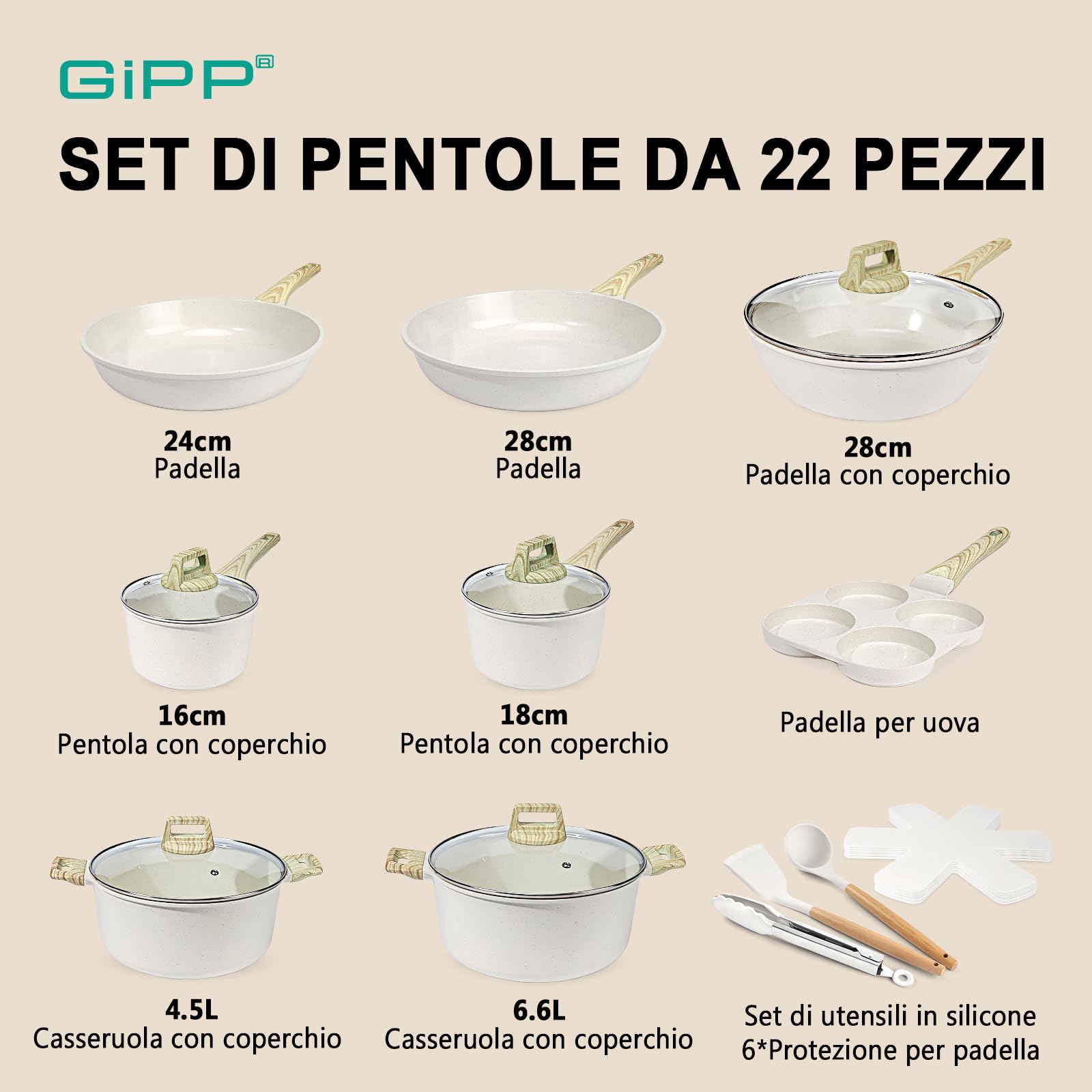GiPP 22 Pezzi Set di Pentole a Induzione - Set di Padelle e Pentole con Rivestimento Antiaderente, Batteria da Cucina Atossica, Adatta a Diversi Tipi di Fornelli, Bianco