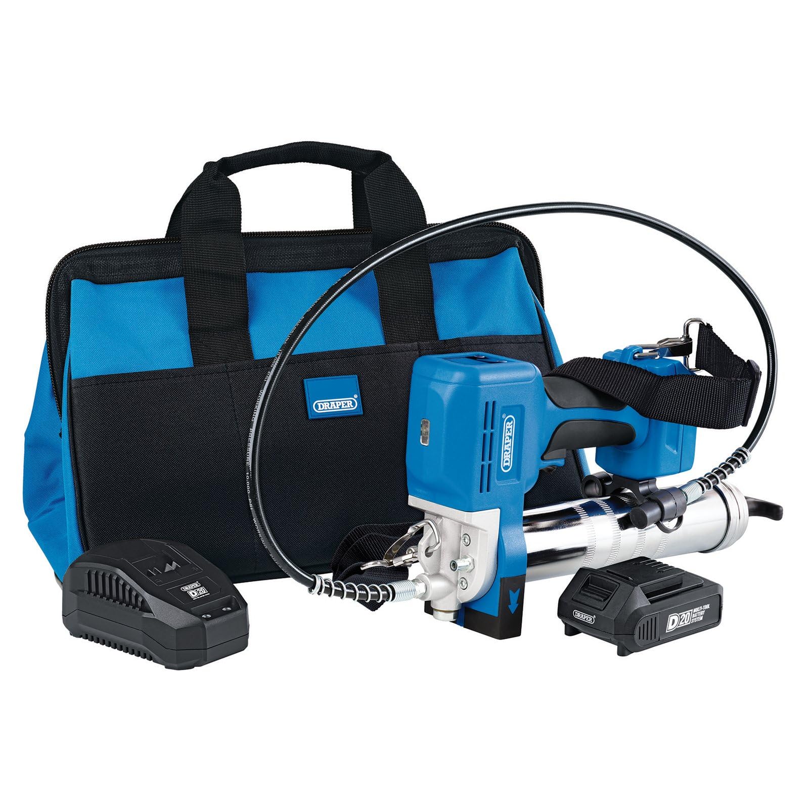 Draper D20 Grease Gun Set 03359 D20 20V Grease Gun Kit, 1 X 2.0Ah Battery, 1 X Charger (3 Piece) 5059482048357