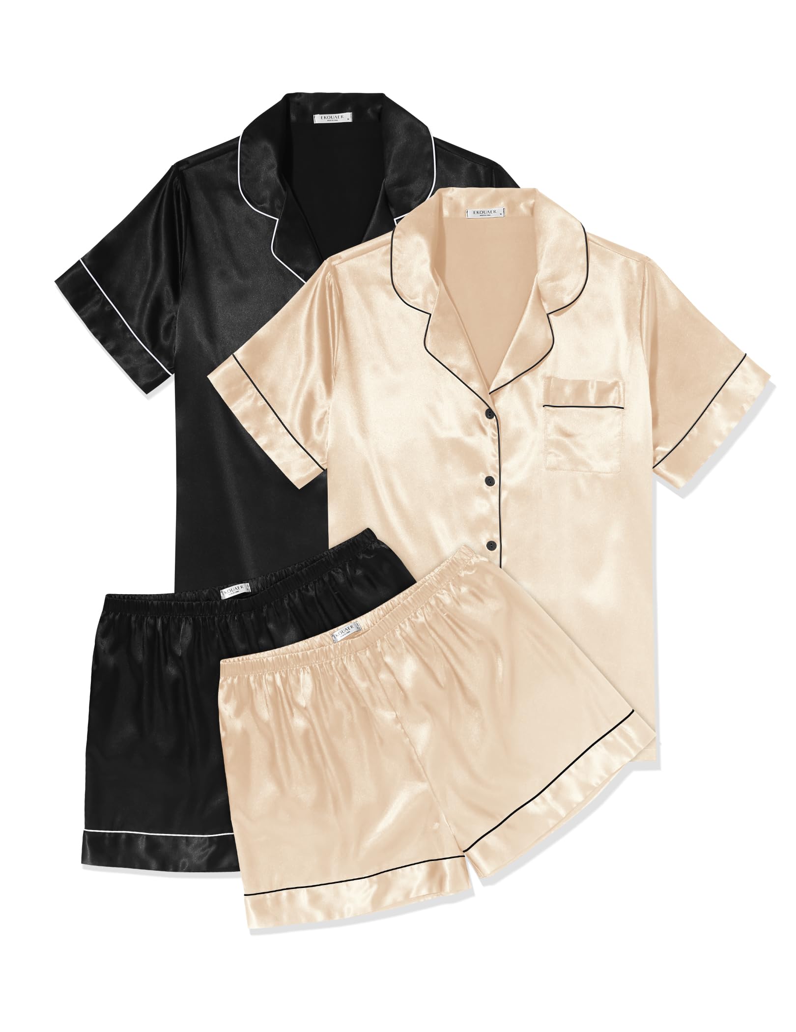 Ekouaer2 Pack Womens Pajama Sets Silk Satin Short Sleeve Button Down Sleepwear Top and Shorts Pjs Lounge Set S-XXL