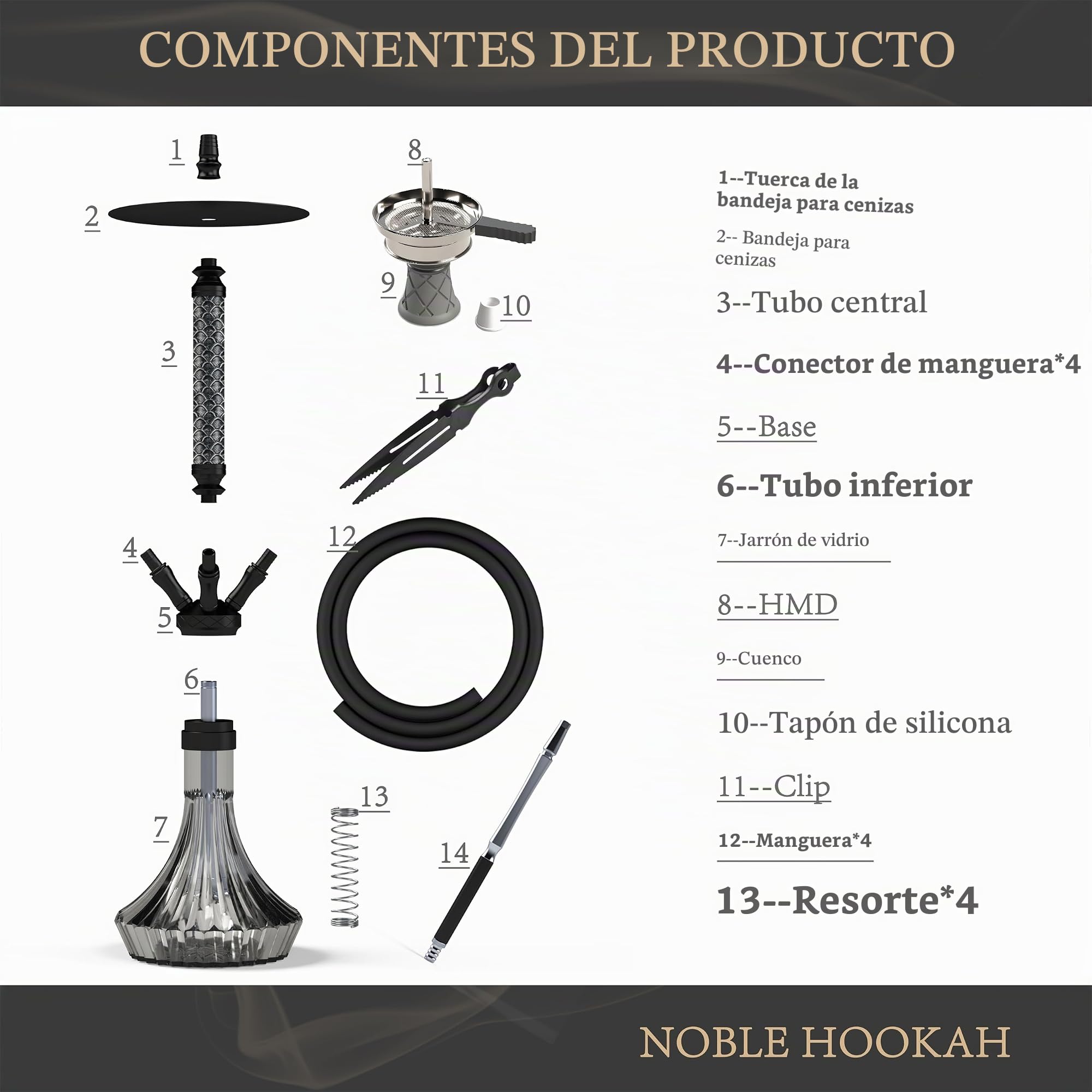 NOBLE HOOKAH Juego de 4 conexiones de cachimba mediana de aluminio y cuero, 4 mangueras y asas con cabeza de shisha, cuenco de cristal, color negro