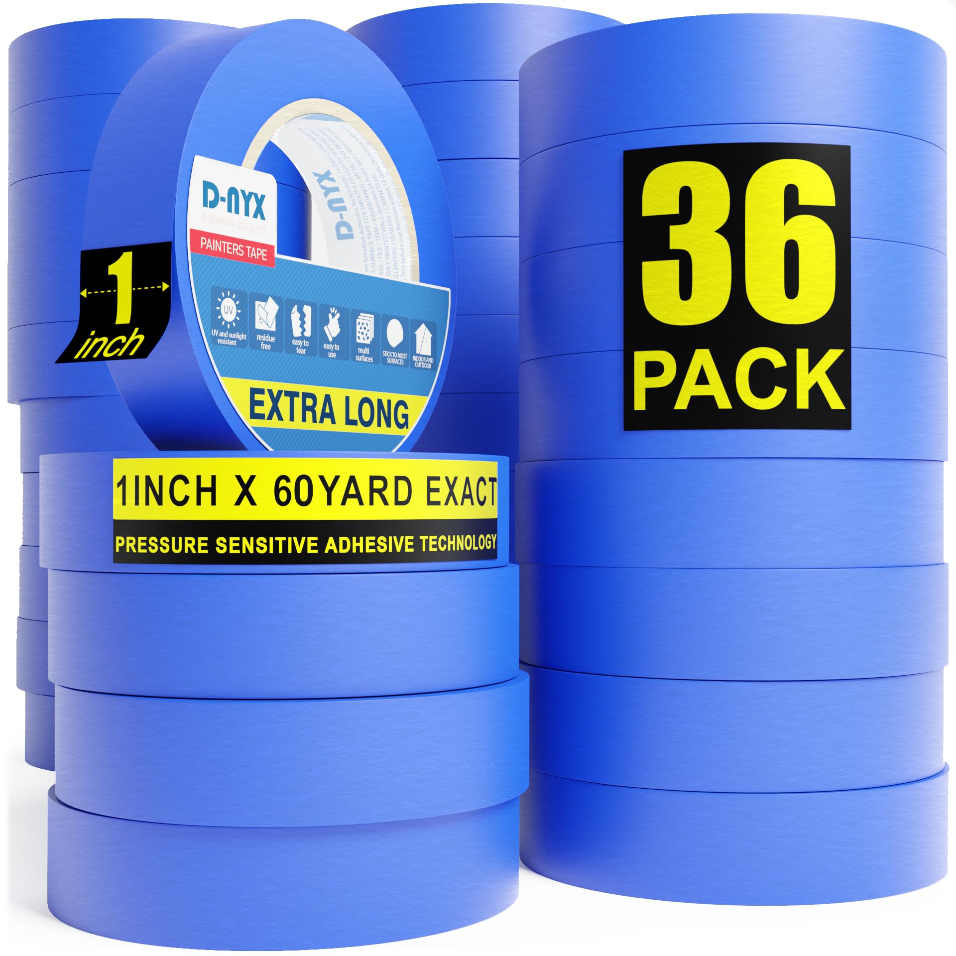 Professional Painters Tape 1inch x 60 Yds | Sharp Edge Line Technology Residue-Free MultiSurface Painter Tape | Automotive Refinish Paint Rolls for Wall Art Renovation (1 Inches x 60 Yards (36-Pack))