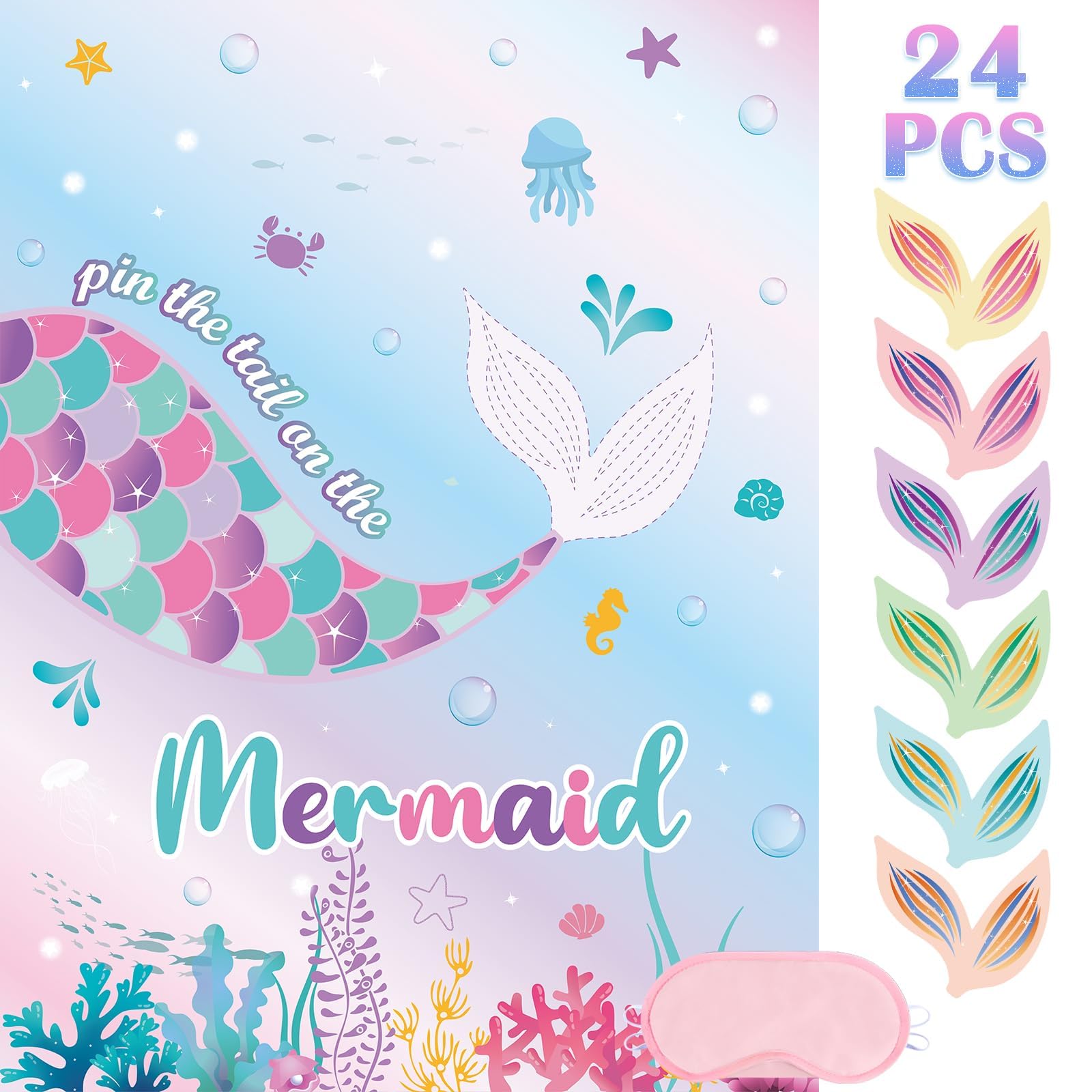 WERNNSAI Pin the Tail on the Mermaid Party Game - Mermaid Birthday Party Decoration 24 Pcs Reusable Tails Sticker Under the Sea Adventure Party Supplies for Family Gathering Party Favor 71x53cm