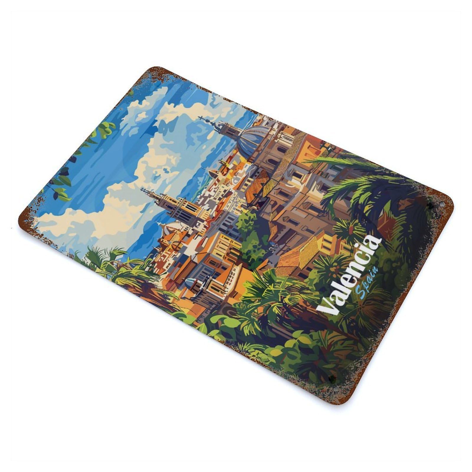 Rust Effect Valencia Cityscape Rusty Metal Tin Sign 11.8"x7.9", Rustic Home Decor for Bistro, Counter And Cafe Decor