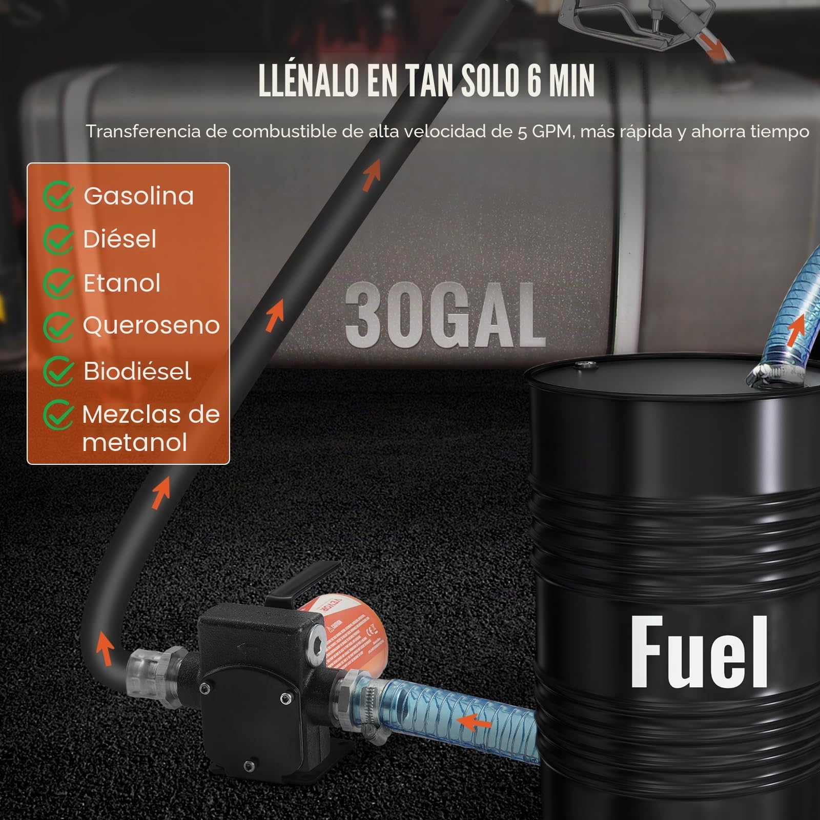 VEVOR Bomba Eléctrica de Transferencia de Combustible Engranajes 12V CC 5 GPM 19L/min 1/7HP Boquilla de Combustible Apagado Automático, Manguera de Salida Larga de 4m, para Mezclar Gasolina, Diesel