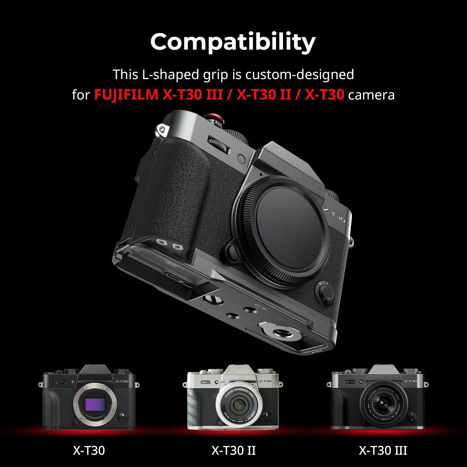 SMALLRIG L-förmiger Silikongriff für FUJIFILM X-T30 III/X-T30 II/X-T30 Kameras, integrierte Schnellwechselplatte Arca-Swiss, 1/4"-20-Gewinde, Leichter Auslöser (Kohlesilber)