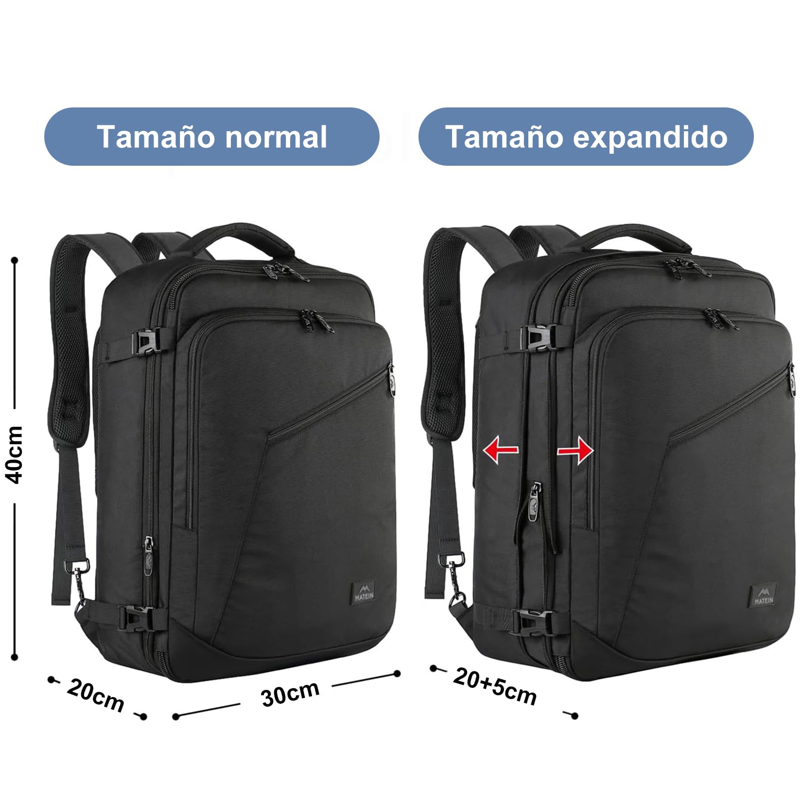 MATEIN Mochila Viaje Cabina Avion 40x30x20 Ryanair Expandible 30L Maletas Cabina 40x20x30 para Mujer y Hombre Equipaje de Mano Negro