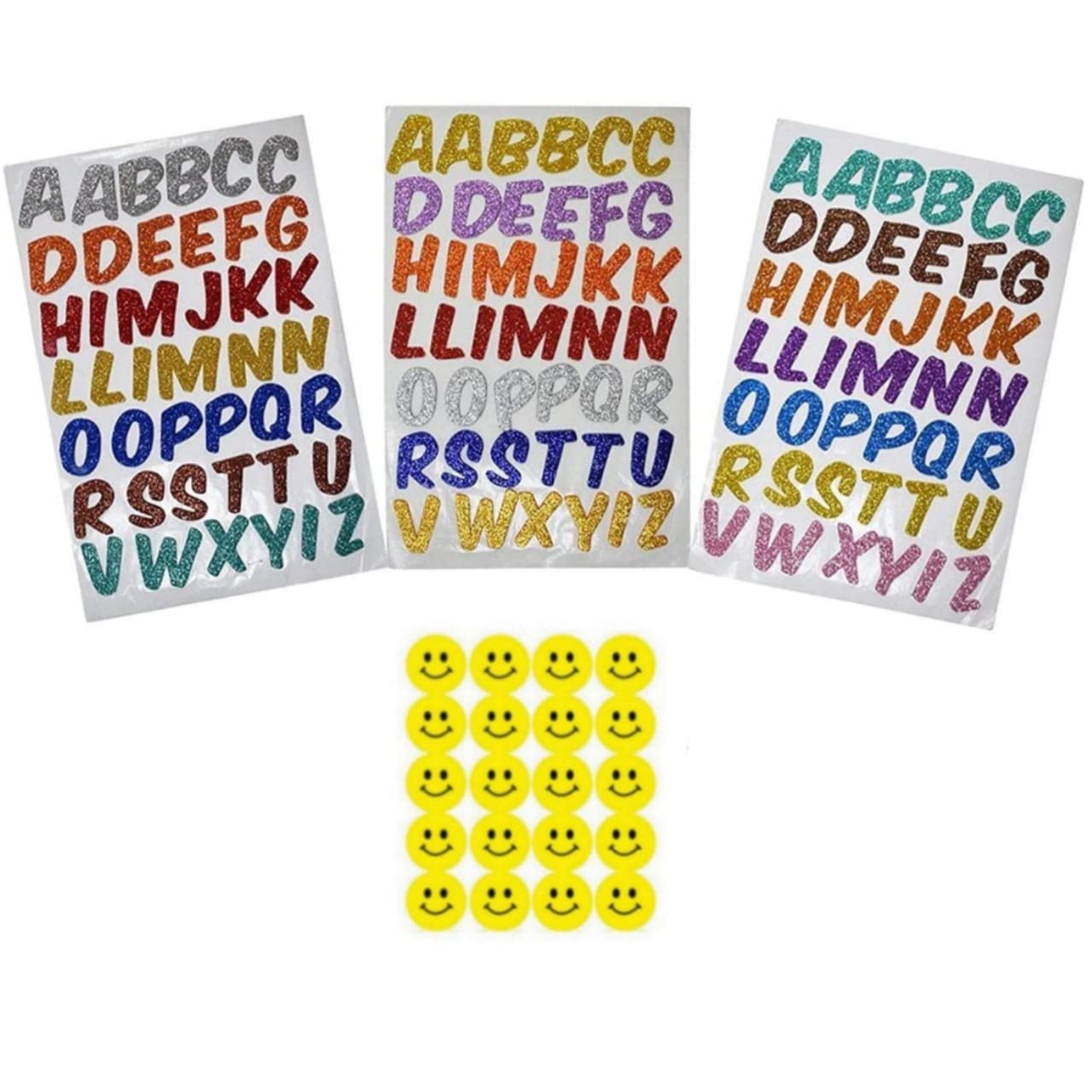 IMTION ® 2 in 1 (175 Pcs Smiley Sticker + Glitter Sticker Pack of 3 Alphabet A4 Size, Multicolour) School Project Work a to Z Alphabets