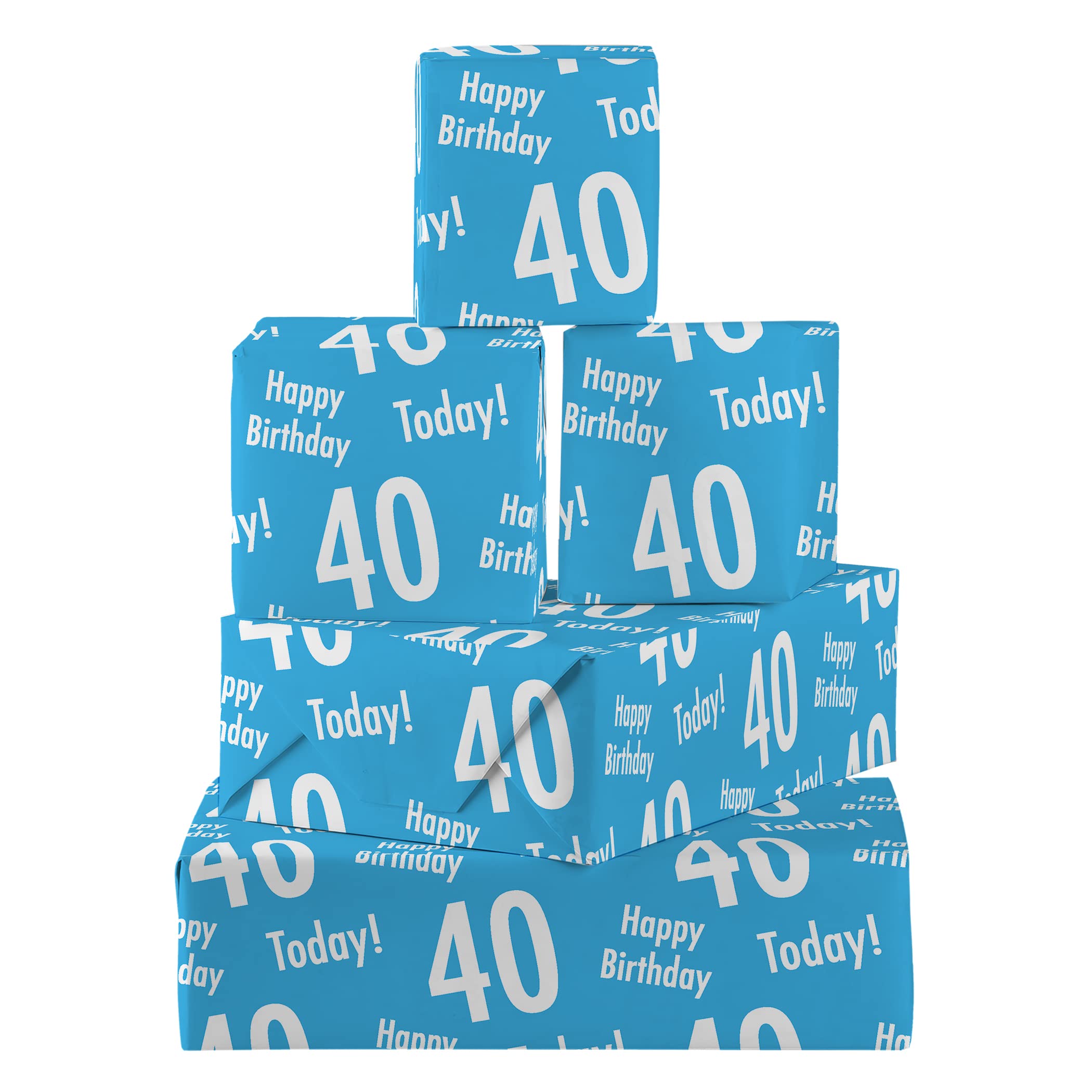 Hunts England - 5 Sheets Of 40th Birthday Blue Fun Wrapping Paper For Him - Includes 5 Gift Tags - Age 40 Male Folded Gift Wrap - Urban Colour Collection - Age Forty Gift Wrap For Men
