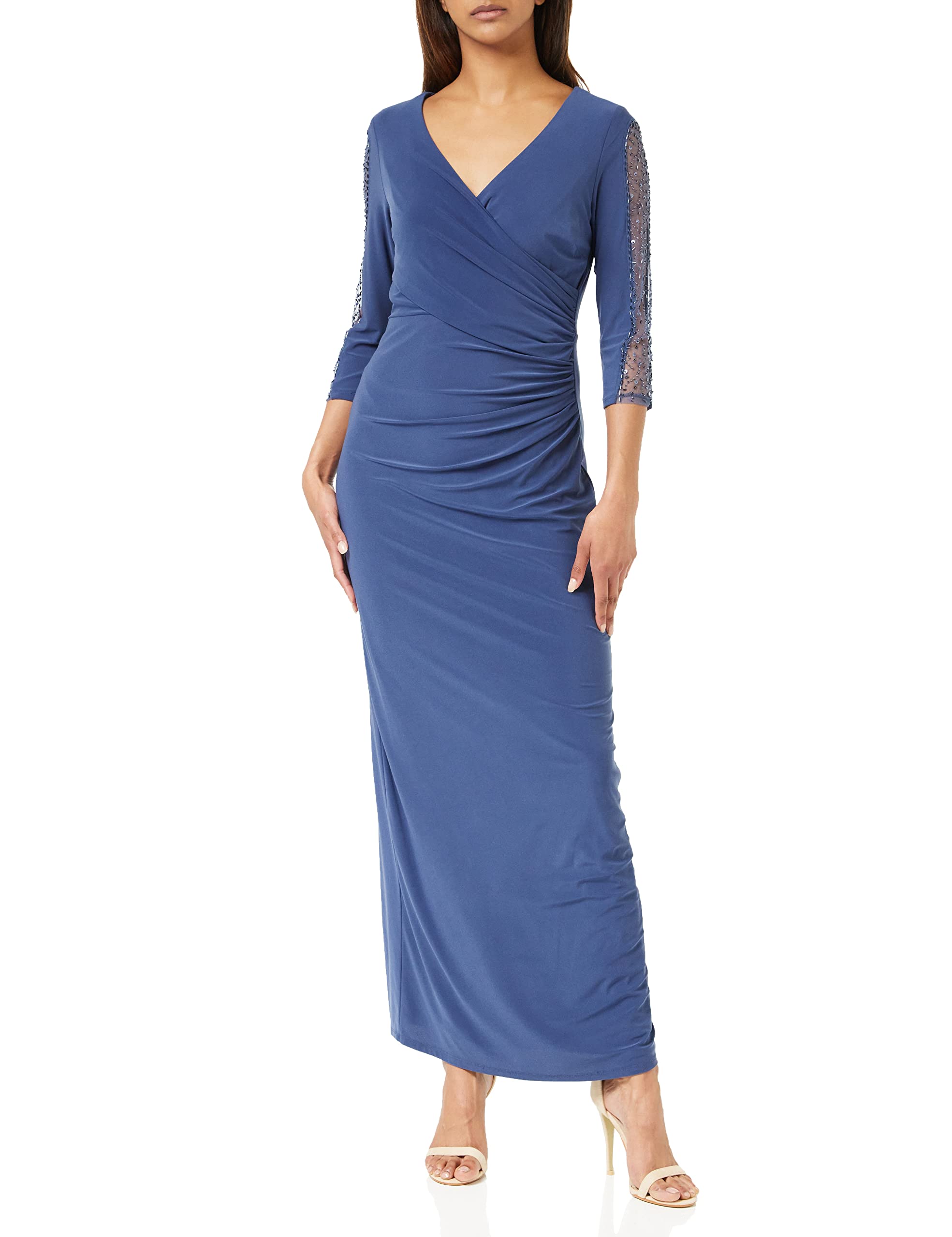 Gina Bacconi Women's Gretchen Long Surplice Neckline Dress With Rusched Waist And Beaded Sleeves. - Wedgewood - 14