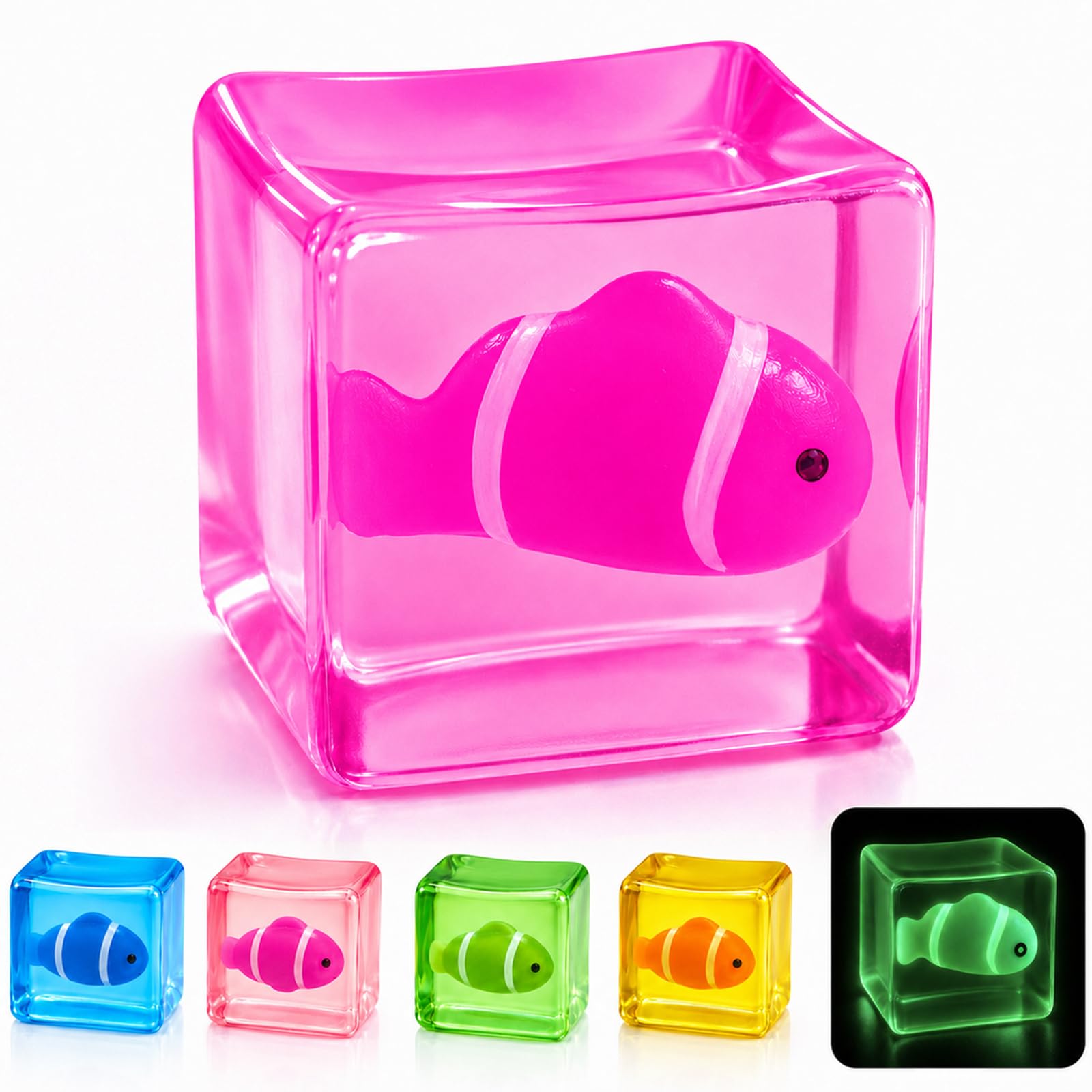 Stress Cube Squishy Toys, Glow-in-The-Dark Clownfish Inside, Squishys Sensory Toy to Stress and Anxiety Relief, Squeeze Fidgets for Kids Autism Adults Party Favors, Halloween, Christmas, Travel Gift