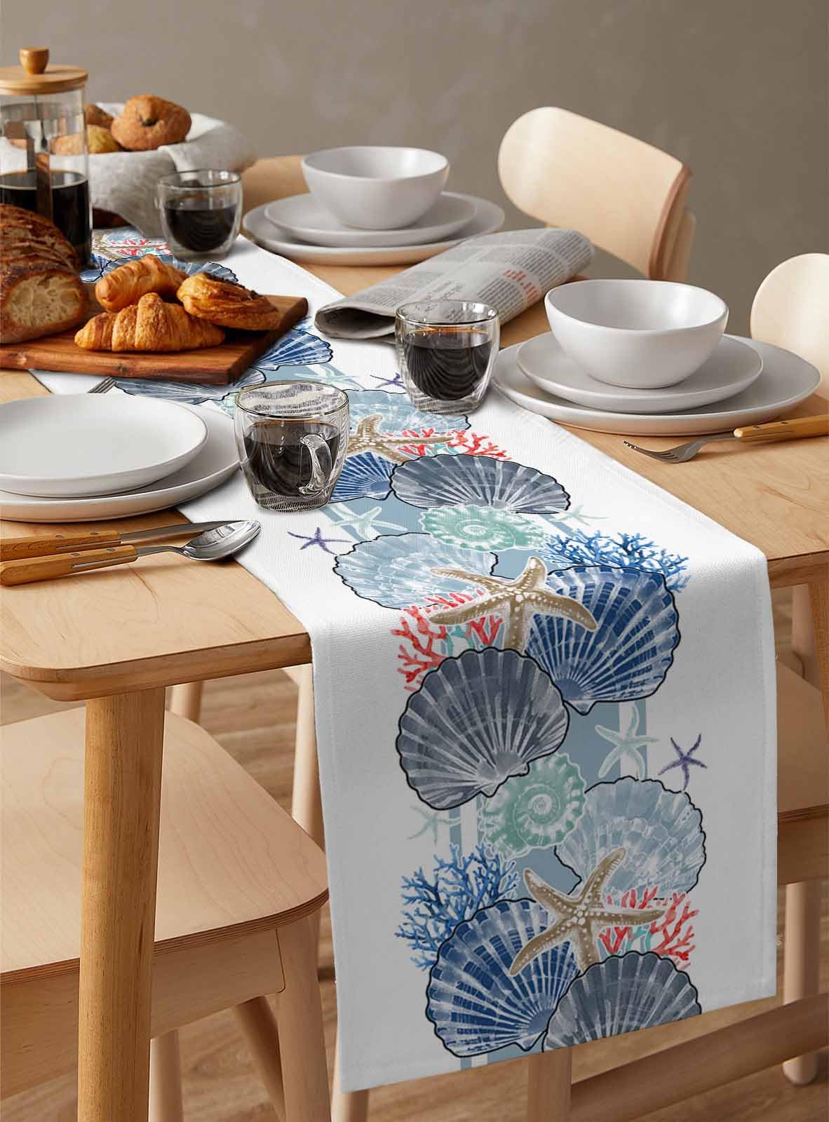 Blue Ocean Table Runner - 305x34 Cm, Seashell Starfish Design, Polyester, For Dining & Coffee Tables
