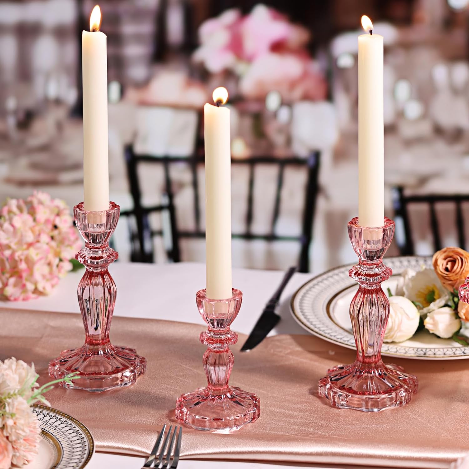 Pink Candlestick Holders Set of 6, Taper Candle Holders, 4.3" H & 6.3" H Glass Candle Holder for Candlesticks & Pillar Candles, Candle Holder for Table Centerpieces, Wedding and Mother's Day