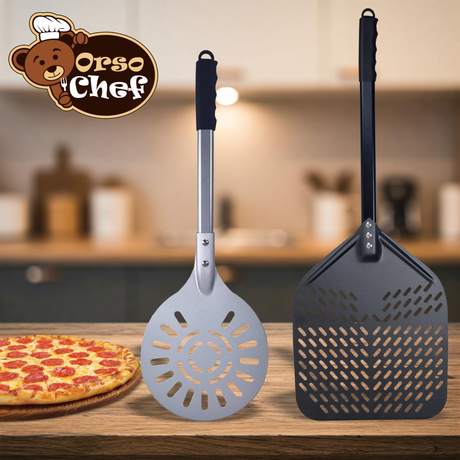 Antech - Pala Pizza Forata in alluminio Anodizzato 30x30 cm con Manico Estensibile + Paletta Ruota Pizza in Alluminio da 25 cm (10 pollici). Per Pizza Pane Crostate - Set di due pale -