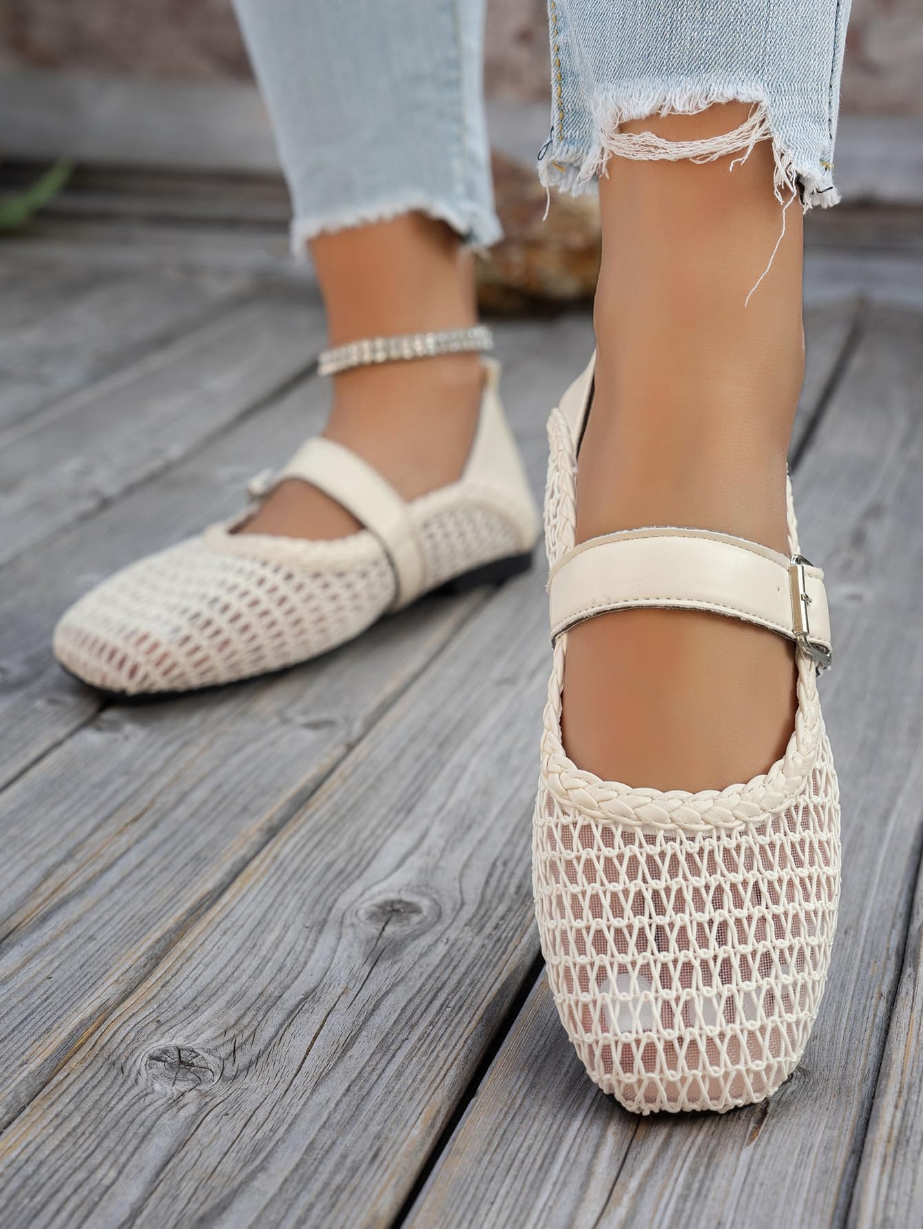 Ballerine in rete da donna, punta quadrata regolabile con cinturino con fibbia larga in tessuto traforato Mary Jane piatte slip-on traspiranti eleganti scarpe casual