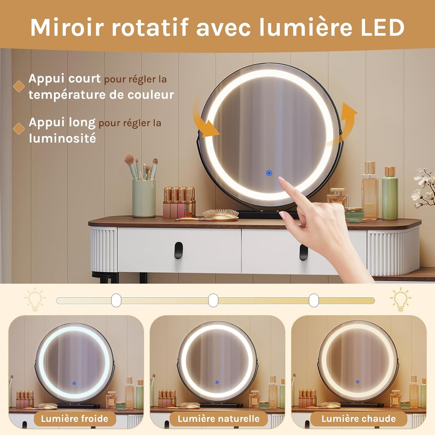 WOLTU Coiffeuse avec Miroir LED Réglable, 3 Couleurs, Table de Maquillage avec 5 Tiroirs de Rangement, Coiffeuse Moderne, 2-en-1 Bureau pour Chambre, 100x40 cm, en Bois et Métal, Marron + Blanc + Noir