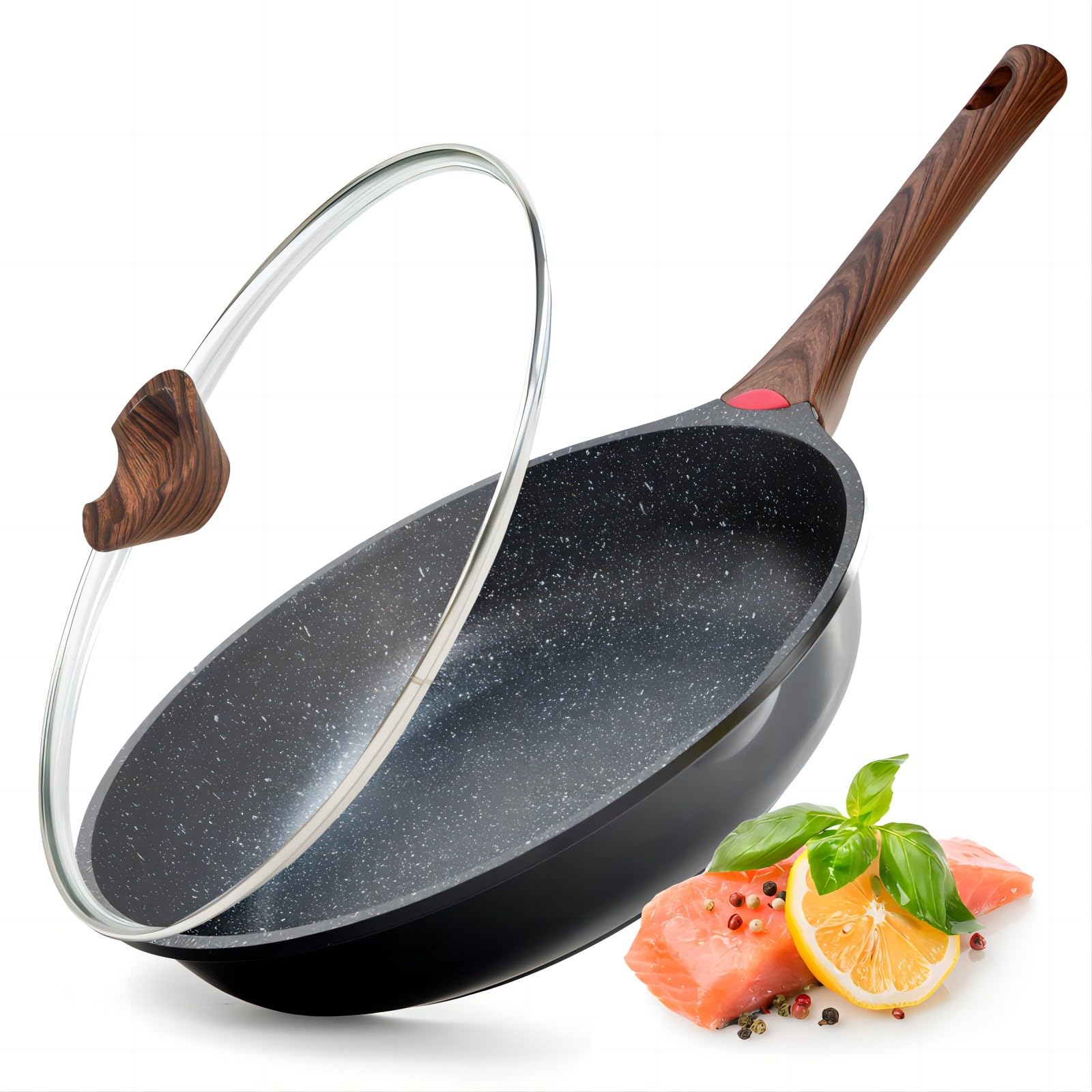 Sartén antiadherente con tapa, 12 pulgadas, sin PFOA, revestimiento de granito sin PFOA, sartenes grandes de 11.8 in para la familia, juego de utensilios de cocina de regalo para estufa de gas