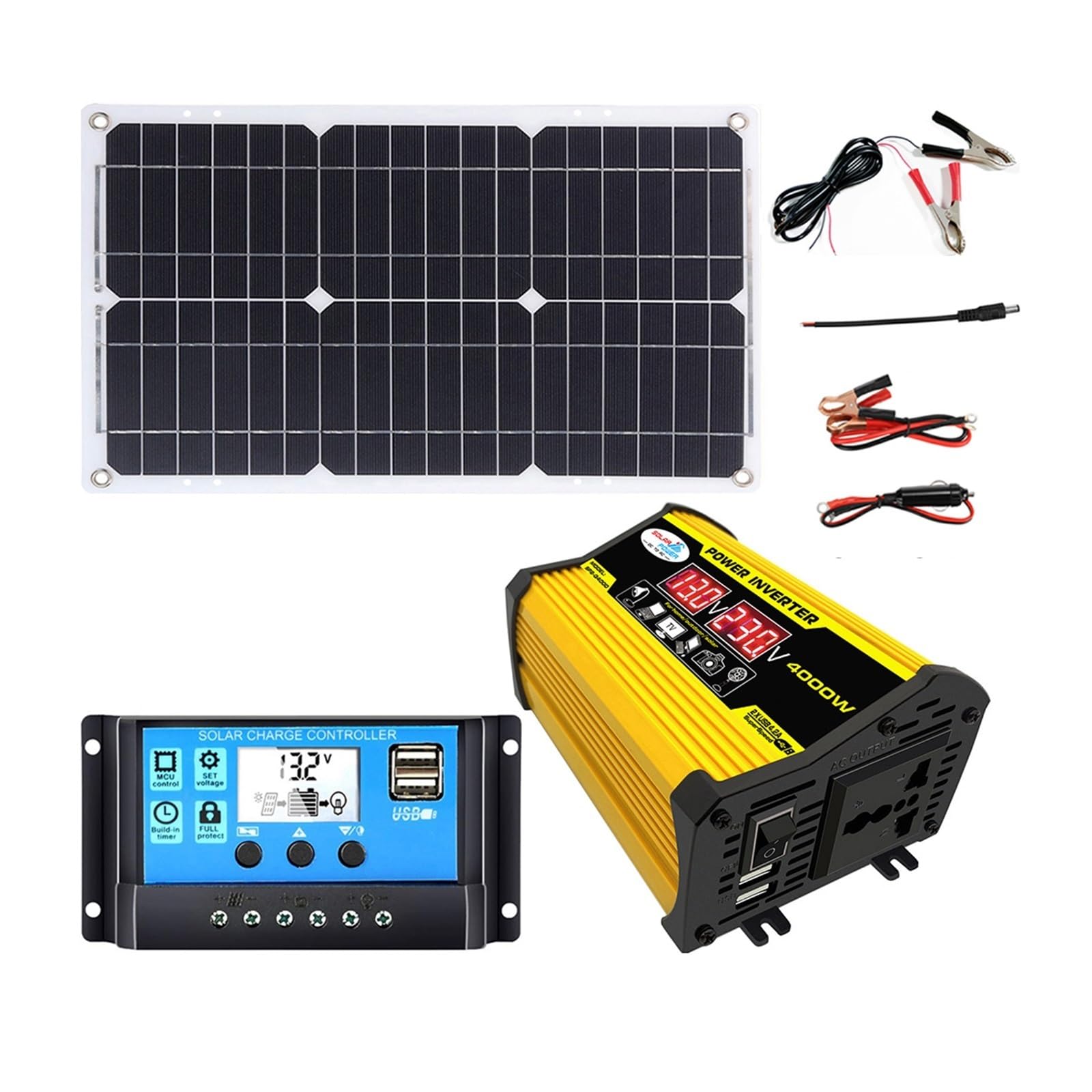 Kit Solare 4000W 12V A 110V/220V, Sistema di Energia Solare per Casa con Controller 30A, Pannello Solare 18W 12V, Generatore off-Grid per Camper, Casa, Campeggio(Yellow,12V-220V)