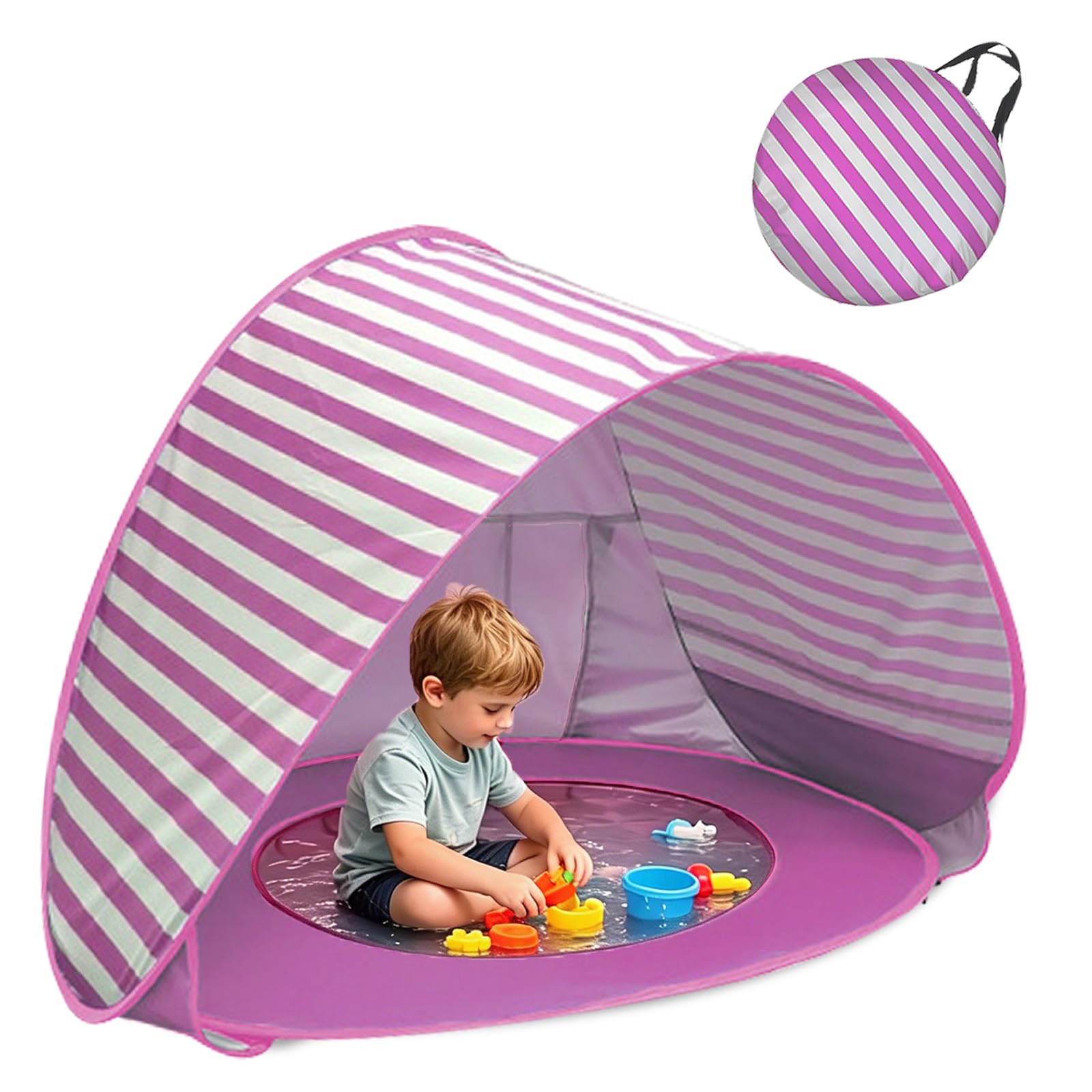 Tienda de campaña para la playa para bebés con piscina, tienda de campaña portátil con minipiscina separable, protección UV, ideal para playa, jardín y camping (rayas rosas)