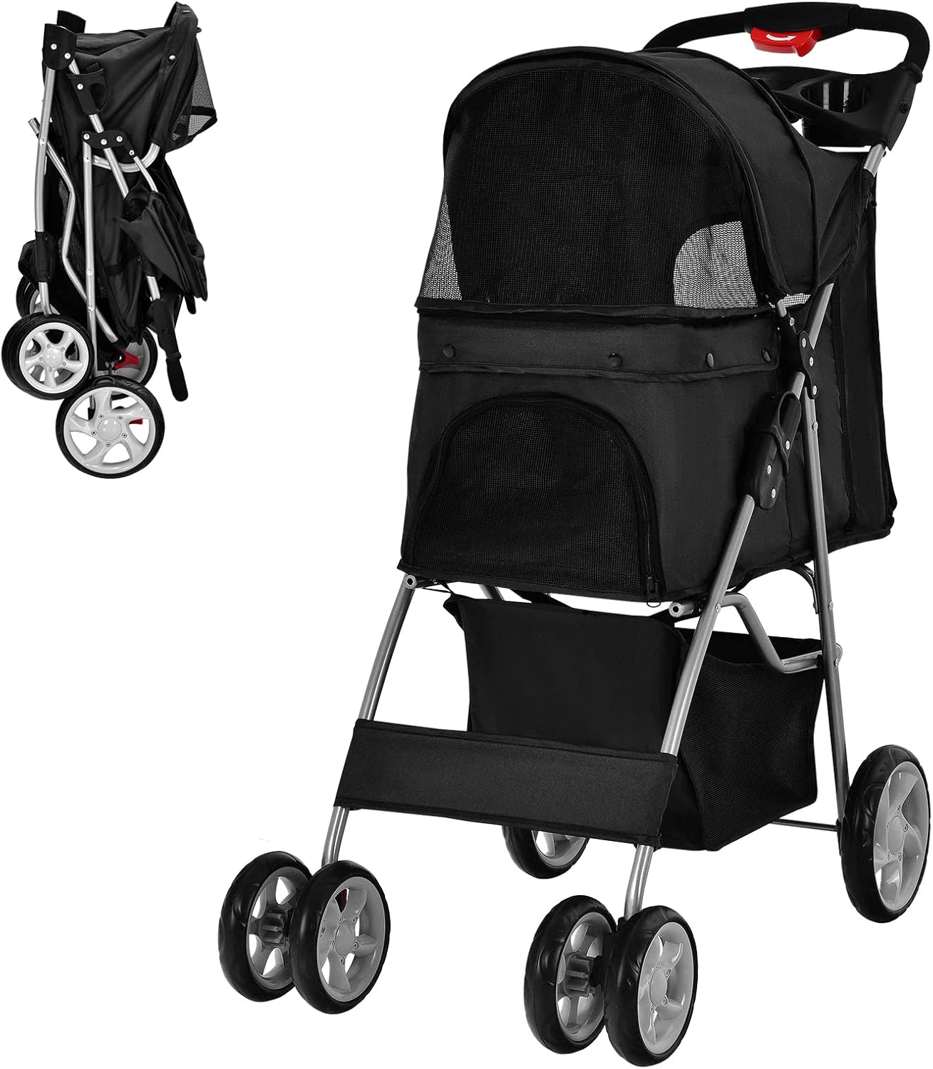 COSTWAY Folding Pet Stroller, 4 Lockable Wheels Dog Travel Pushchair