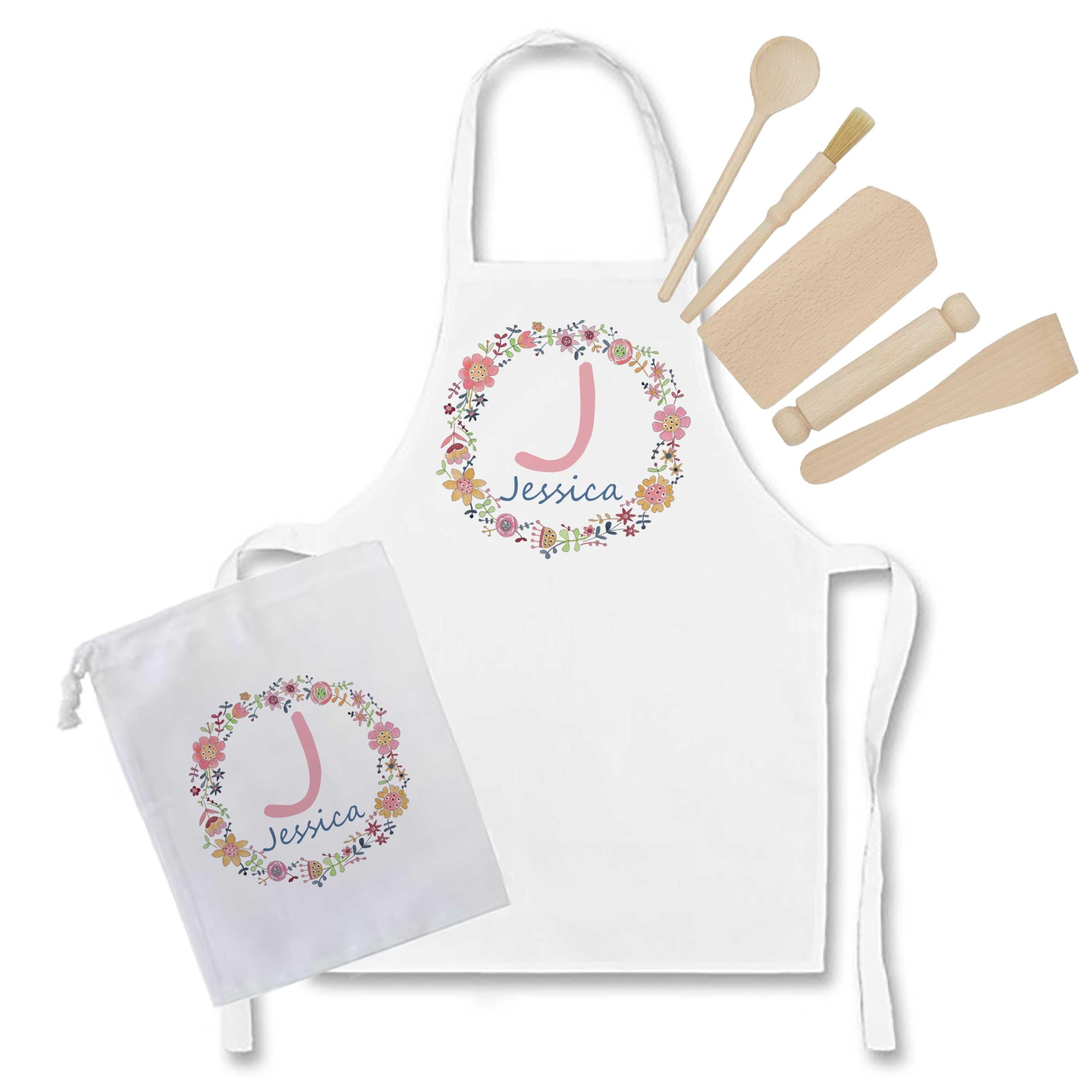 Tigerlilyprints Personalised Girls Apron Set – Custom Name Kids Baking Apron – Unicorn, Princess, Butterfly & Floral Designs – Cooking, Baking & Craft Gift (Floral Circle)