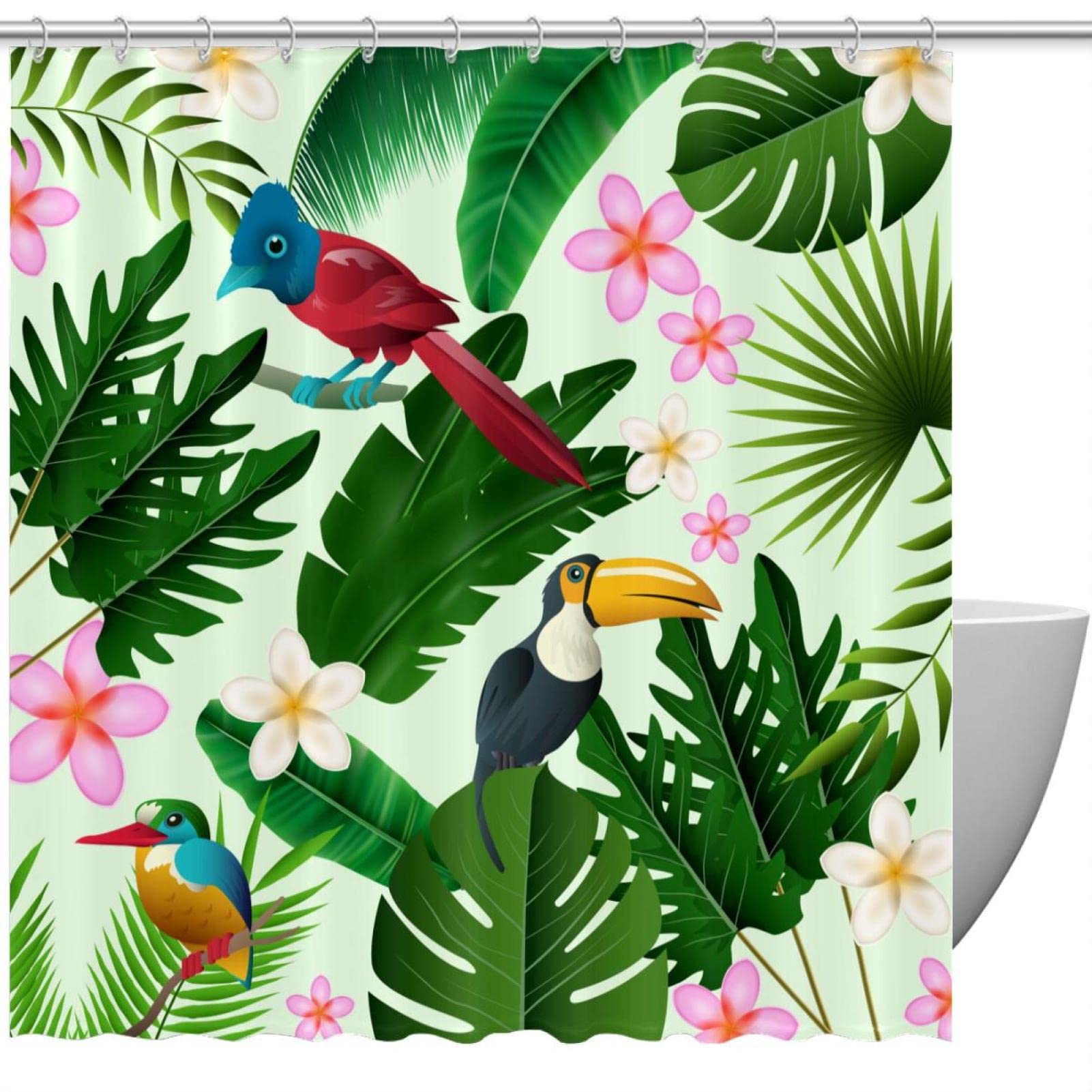 Rideau de douche toucan tropical vert imprimé avec crochets pour salle de bain pour enfants