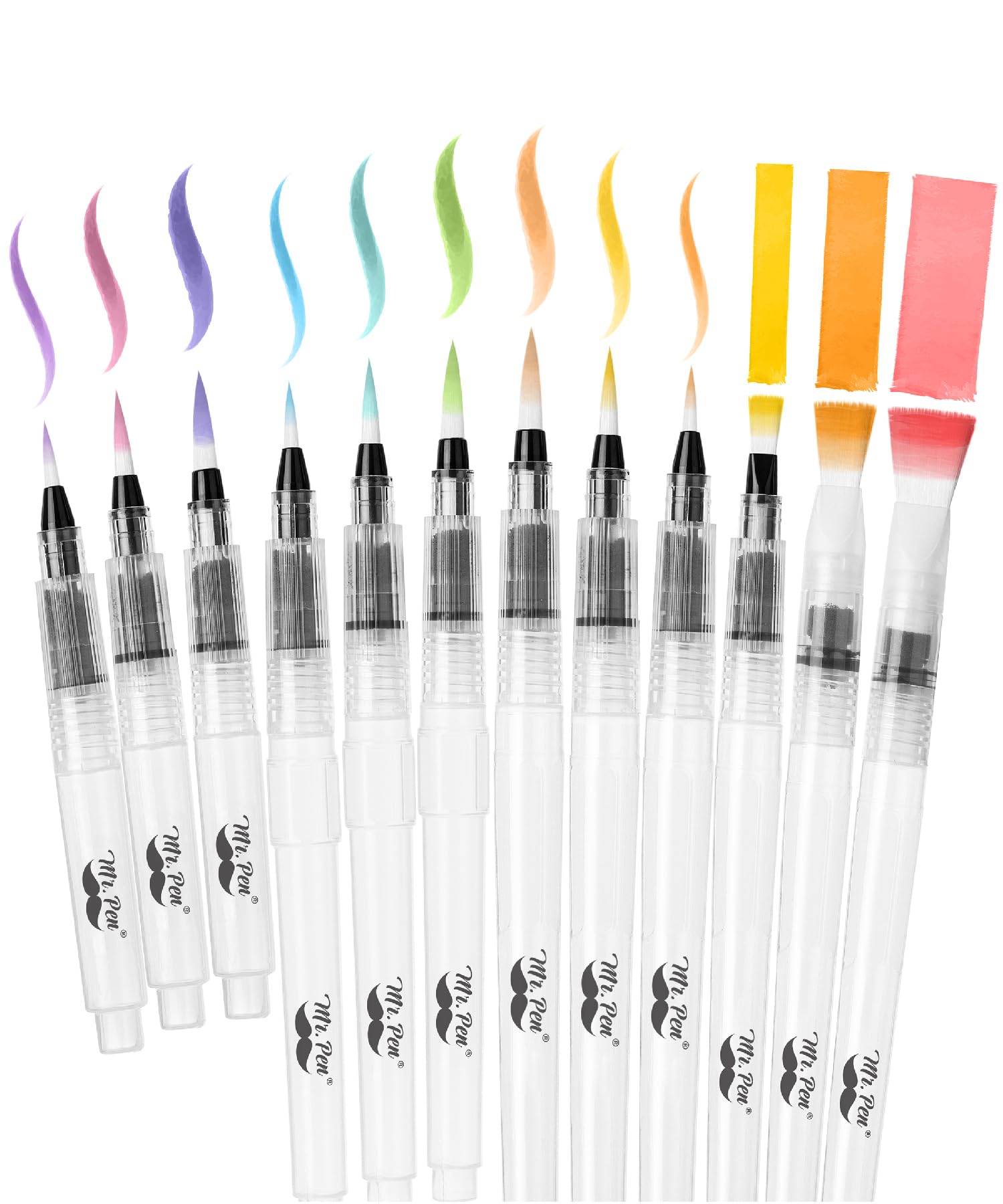 Mr. Pen- Watercolor Brush Pens, 12 pcs, 9 x Point Tips and 3 x Flat Tips Styles, Refillable Watercolor Pens for Acrylic, Gouache Painting, Crayons, Portable Water Brushes for Artists, Beginners, Kids