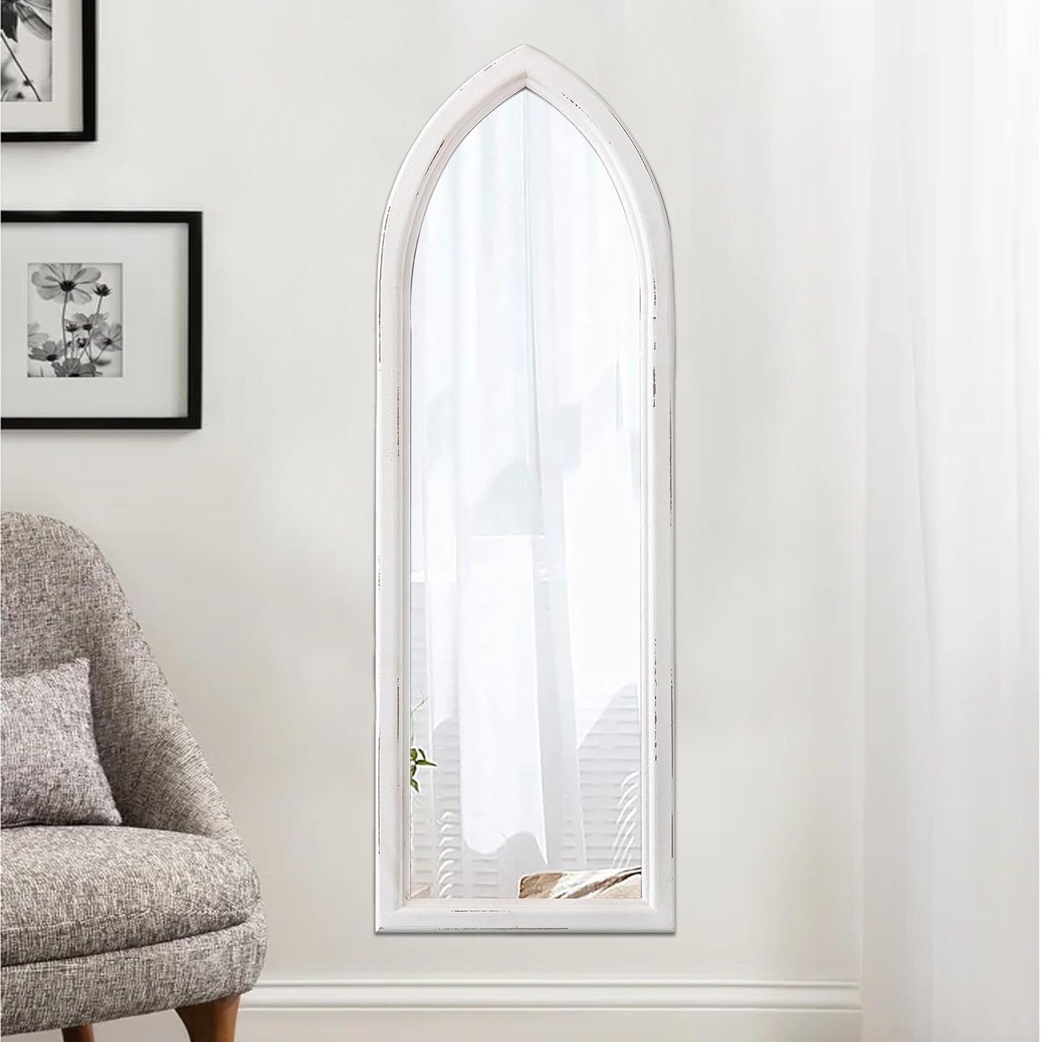 Rustic Arched Long Mirrors for Wall 35 X 12 Inch, Hanging Wood Frame